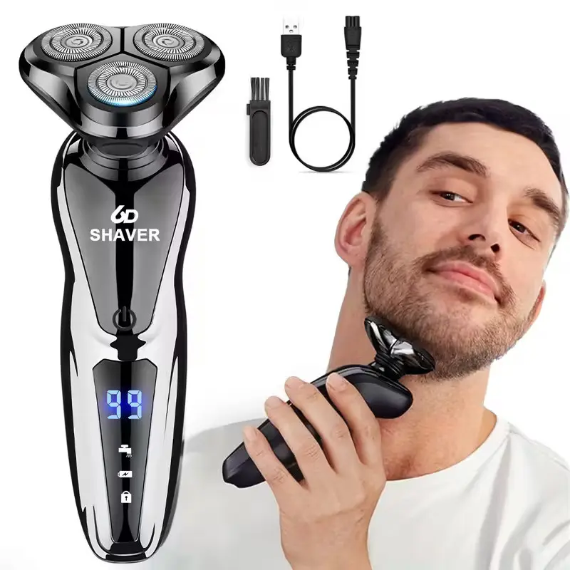 Men's 3-in-1 Rotary Electric Shaver Kit, Rechargeable Washable Shaving Razor With Digital Power Display, Interchangeable Trimmer & Nose Hair Cutting Heads, Cordless Grooming Tool For Home Daily Use And Business Trip Travel