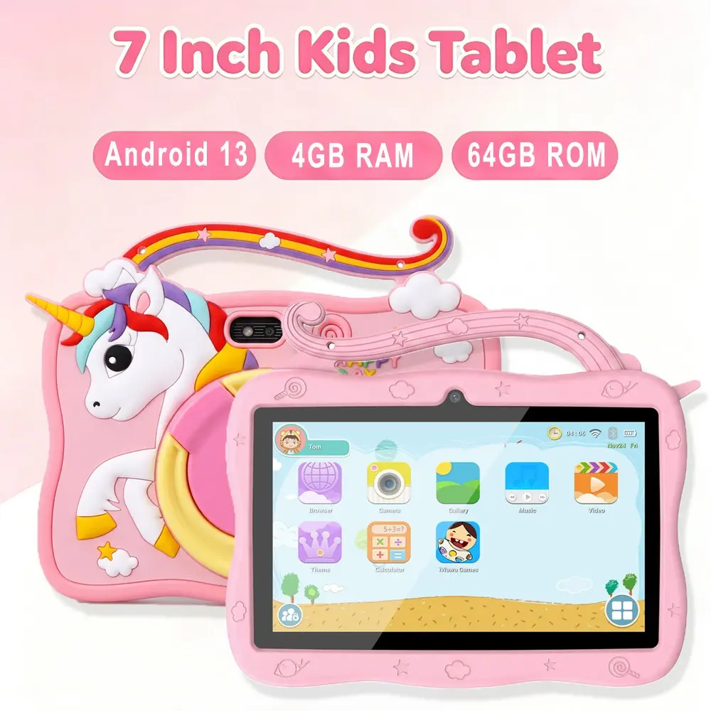 New 7-inch children's tablet, Android Tablet Computer with Android 13 4GB RAM and 64GB ROM, supporting WIFI function, shockproof silicone protective case, parents can control pre installed educational learning software, dual cameras