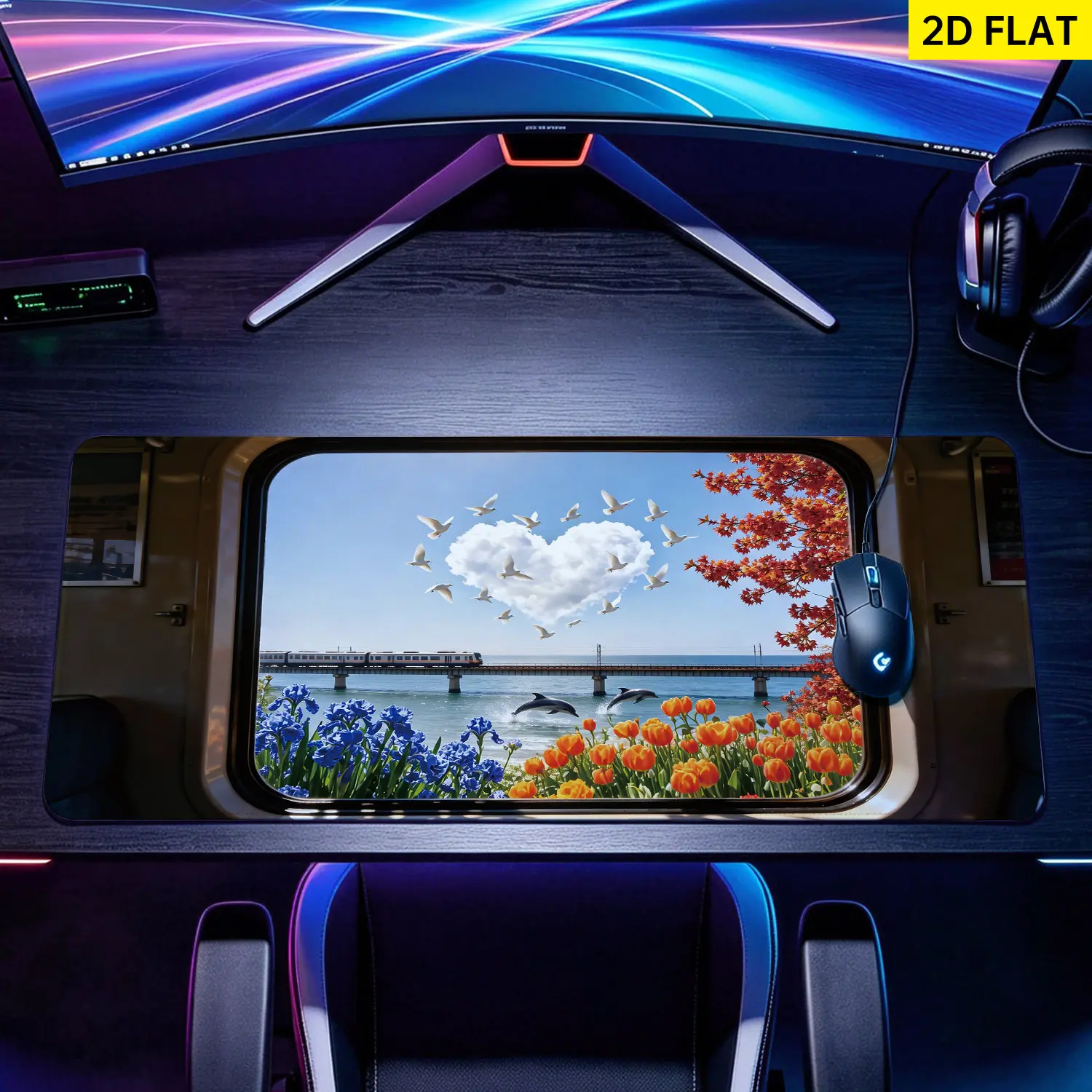 Extra Large Train Window Sea View with Dolphins & Heart Cloud Mouse Pad, Non-Slip Rubber Base, Lock Edge, Multi Sizes, Washable, Premium Multipurpose for Gamers/Office, Desktop Protection & Decoration, Home/Office Gift Item