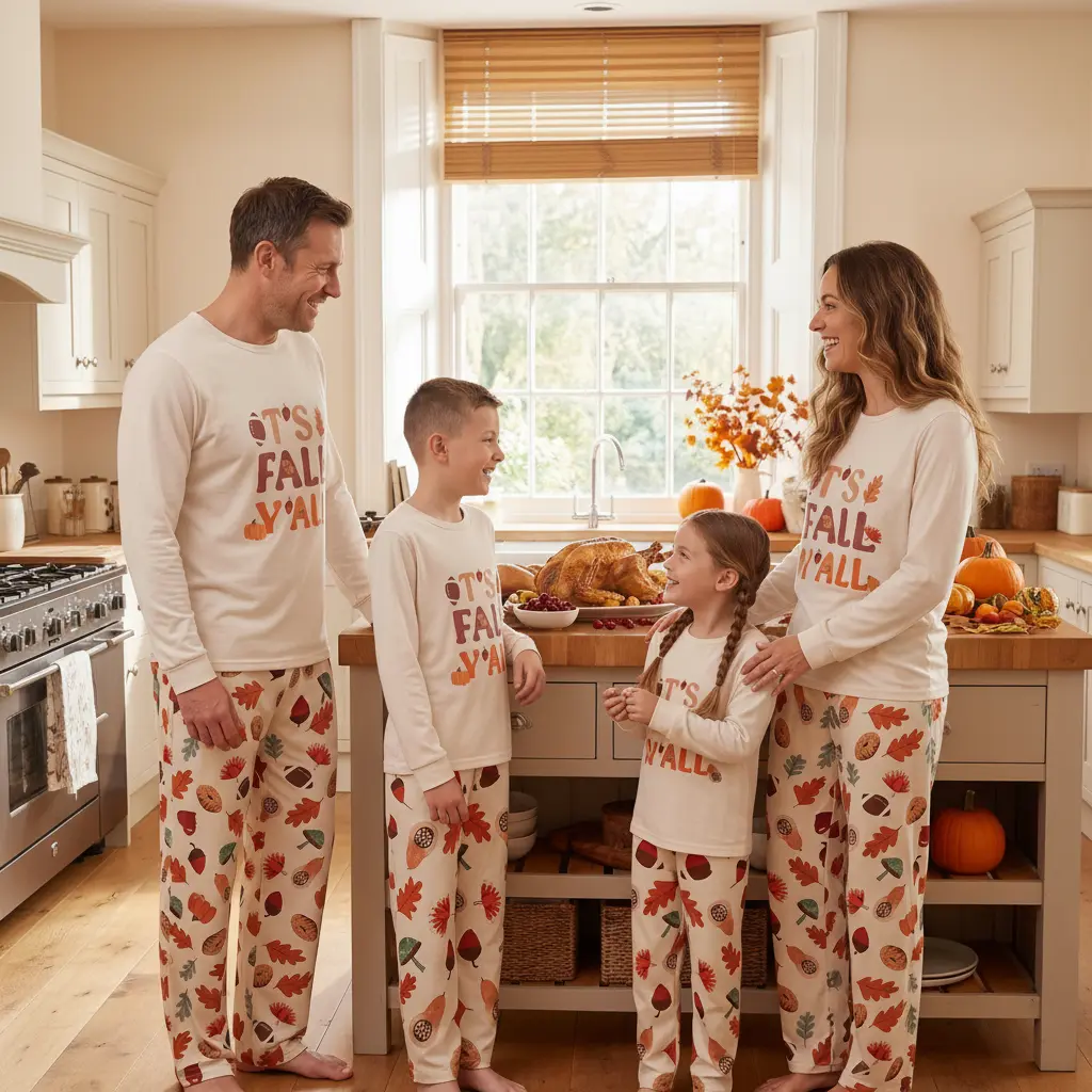 Thanksgiving Family Matching Pajamas It's Fall Y'all Long Sleeve Shirts with Fall Foliage Acorn Pumpkin Pattern Pants Soft Fall Autumn Family Sleepwear for Parent and Kids