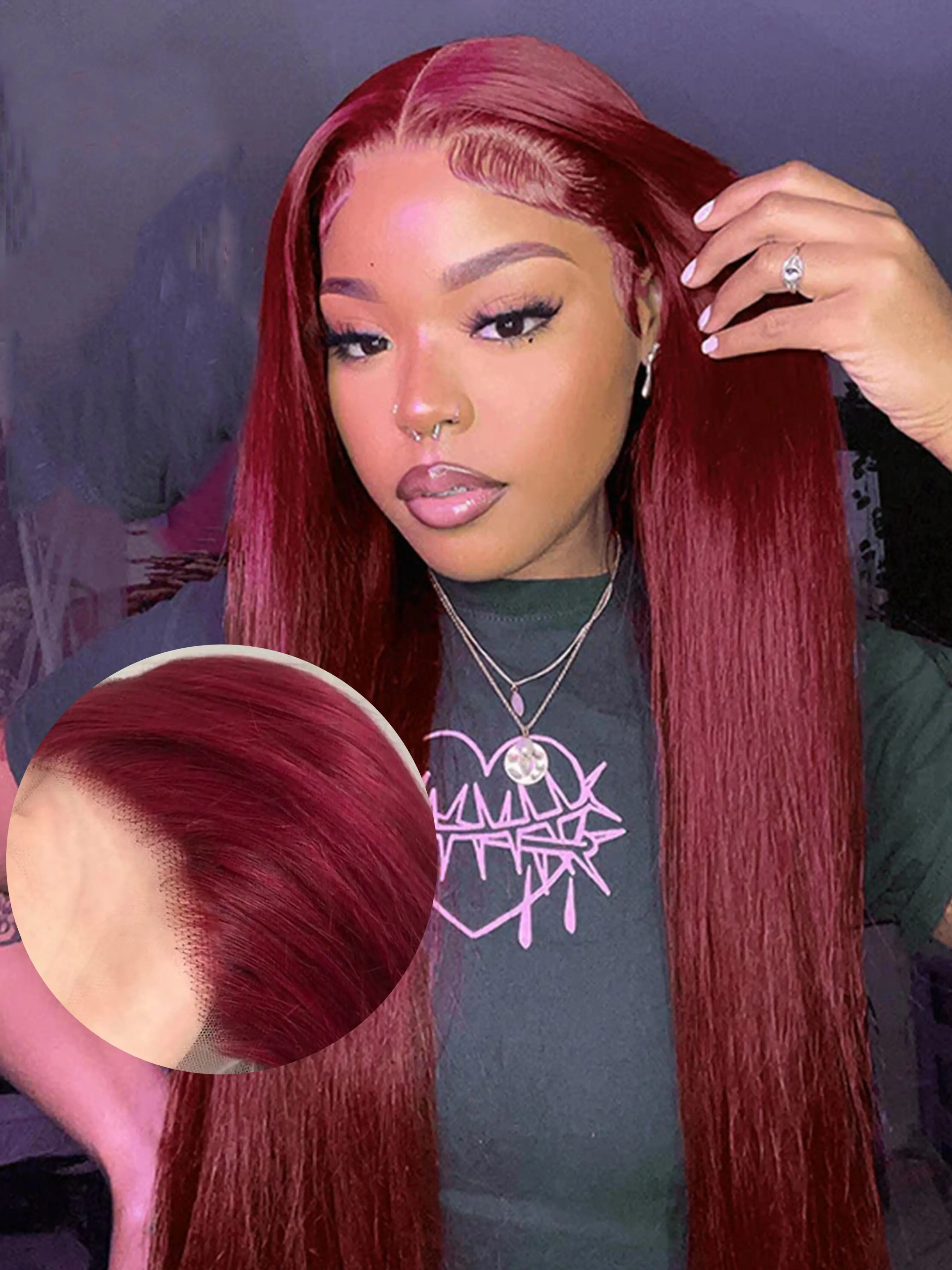 26 Inch Wine Red Synthetic Lace Front Wig, Burgundy Straight Hair, Free Part Natural Hairline, Heat Resistant Synthetic Fiber, High Density Soft Front Lace Wig, Daily & Party Event Use, Natural Looking Wig, Natural Hairline Wigs, Synthetic Material Wigs