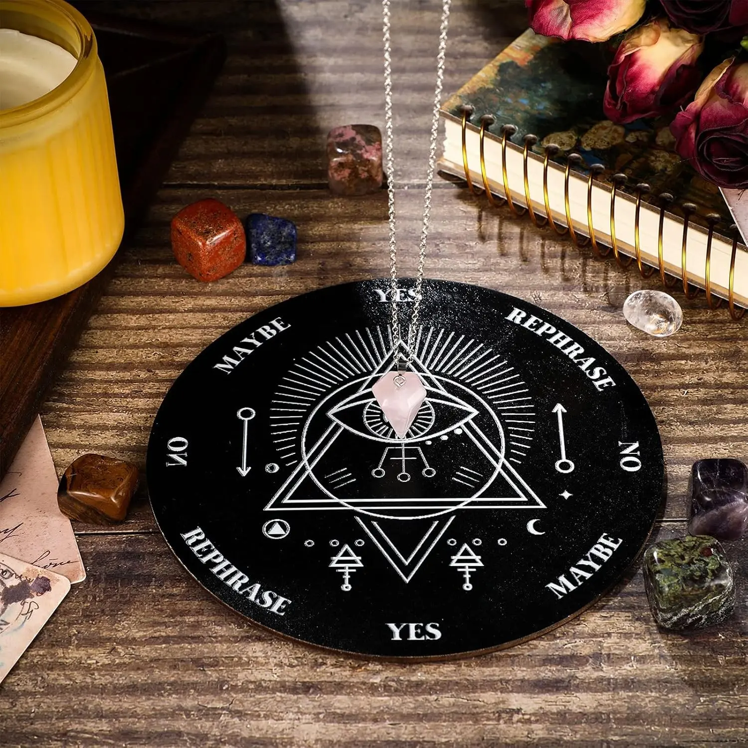 Pendulum Board Set Wooden Material Dowsing Divination Board Metaphysical Message with Crystal Divinity Pendulum Necklace for Witchcraft Wiccan Wand Altar Supplies Ceremonies(Black board pink pendant)
