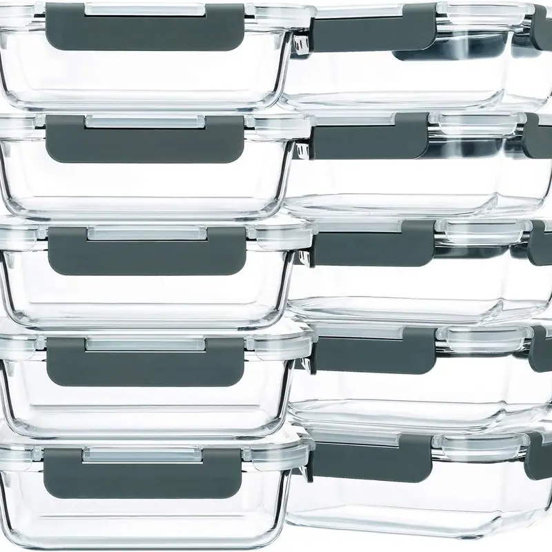 10 Piece Rectangular Glass Food Storage Containers Heat Resistant Glass Lunch Boxes 640ML Each Fridge Freezer Safe Meal Prep Containers