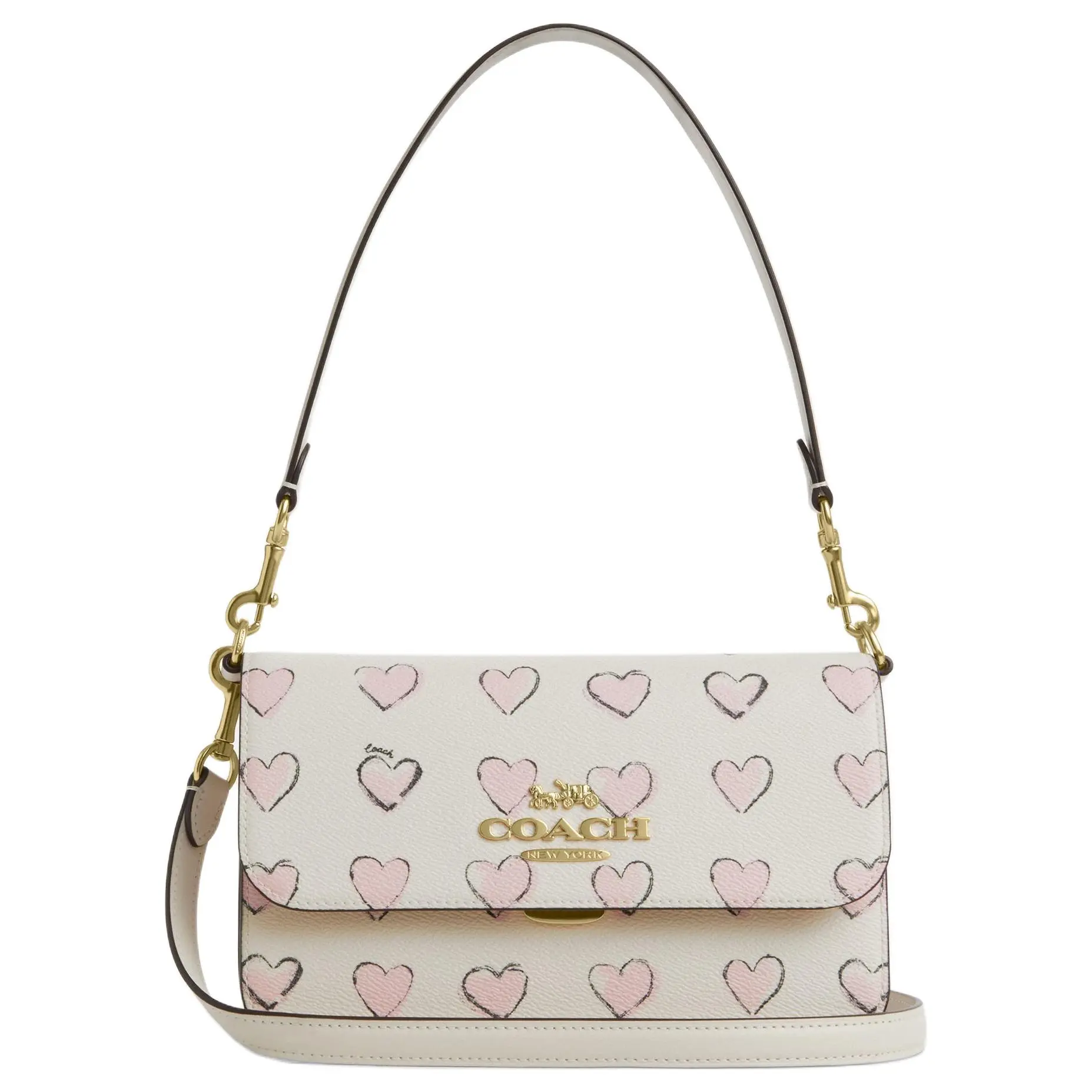 COACH Brynn 23 Heart-Print Metallic-Logo Leather Crossbody Bag for Women, Medium Size, Chalk White