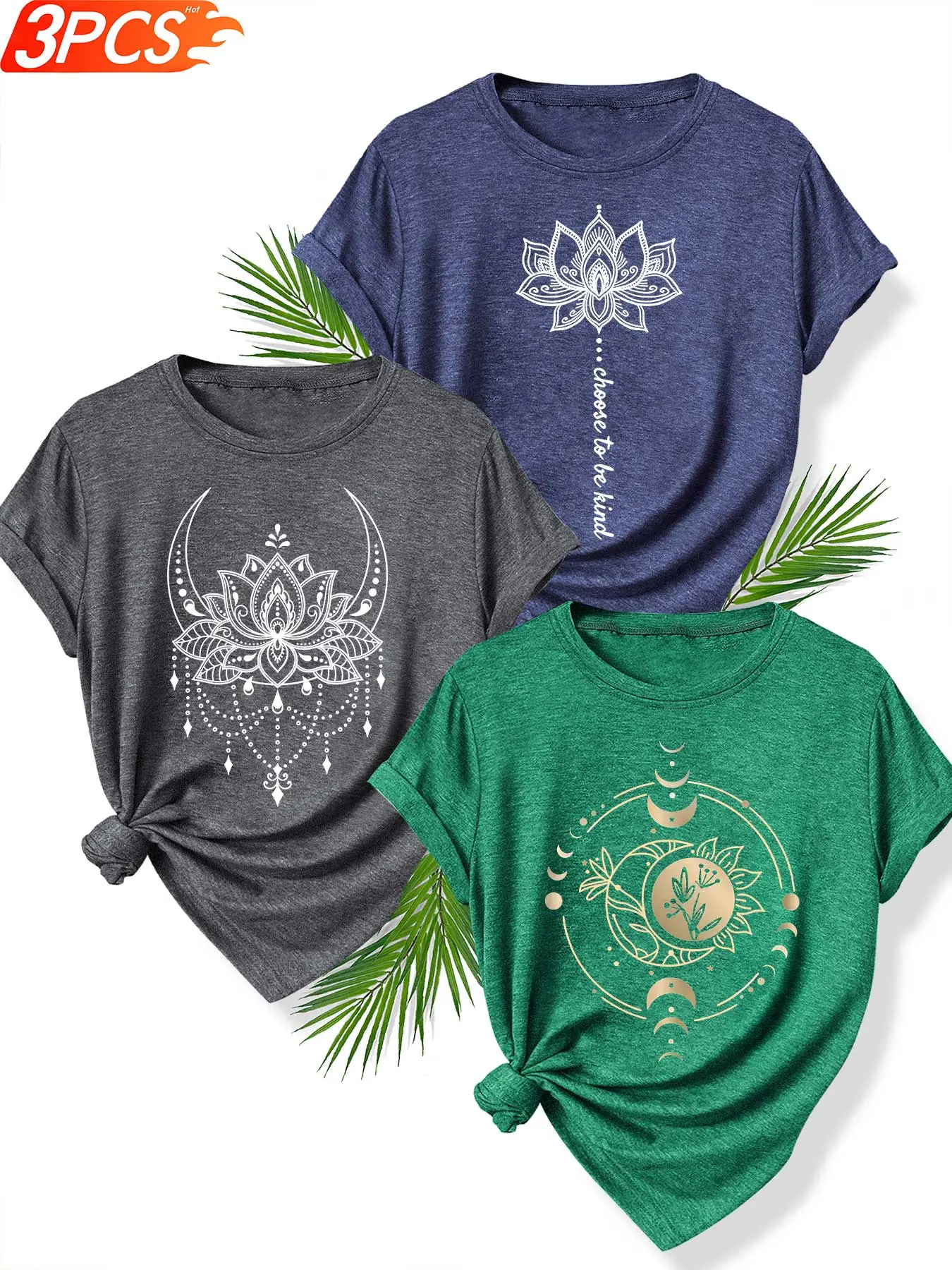 3Pcs Women Crew Neck T-Shirt, Zen Prints of Crescent Mandala Lotus and Kindness Slogan, Multi-color Washable Spring Summer Top, Soft Skin-friendly Fabric Daily Versatile Casual Fashion Design
