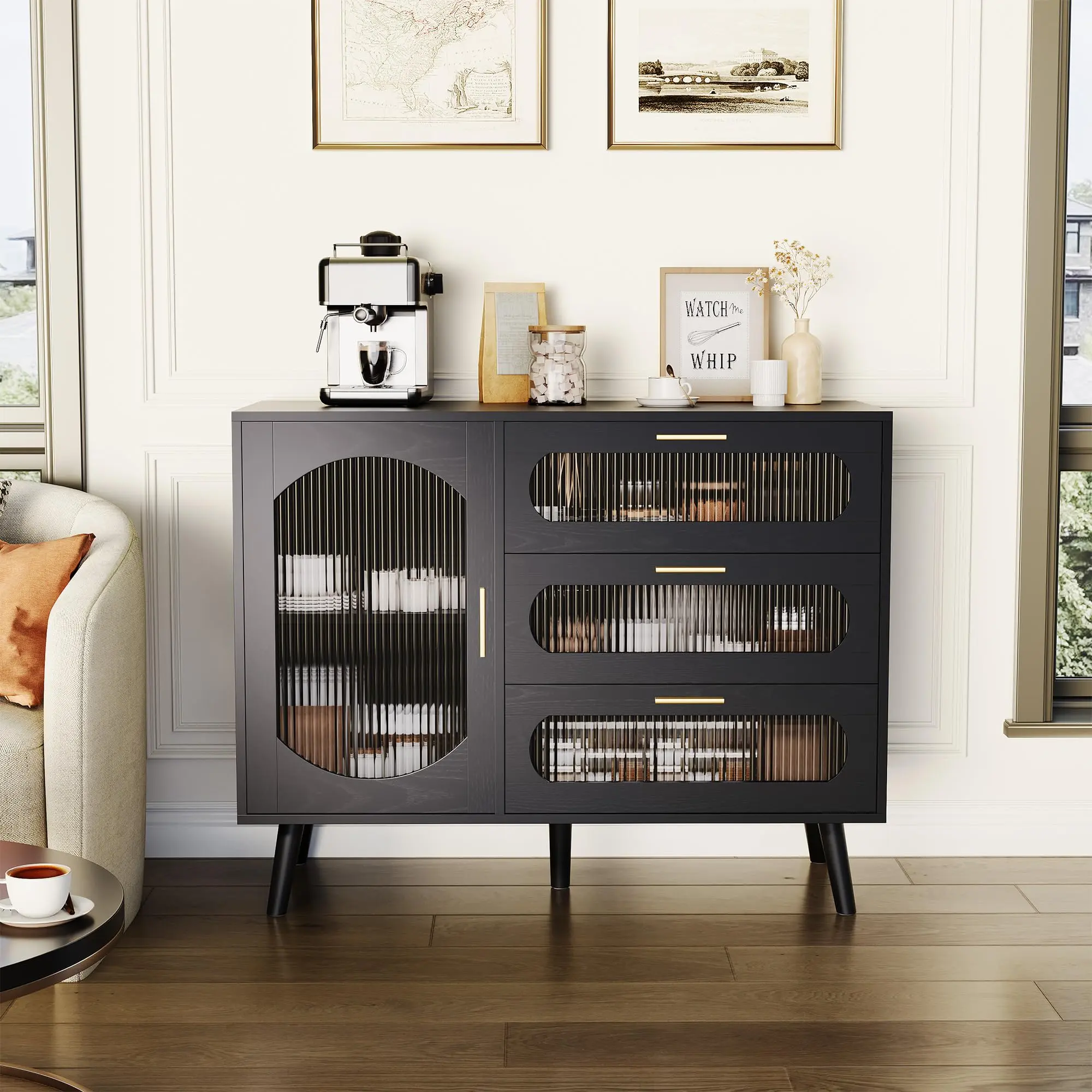Modern Fluted Glass Door Buffet Sideboard Cabinet, Storage Credenza with 3 Functional Drawers, Sleek Accent Storage Furniture for Dining Kitchen Living Room