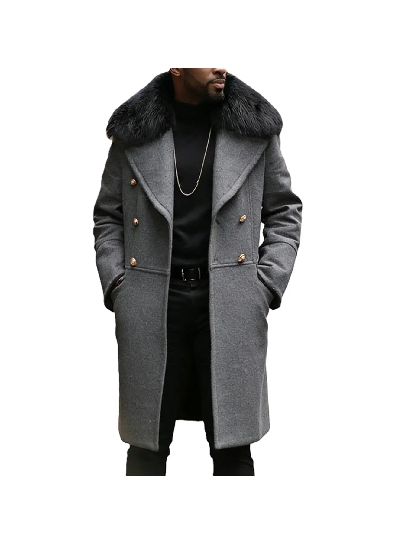 1 PC Men's Classic Slim Winter Long Coat in Tweed, Fur-like Collar, Lapel Design and Long Sleeve - Double Button Deep Brown/Black, Hand Washable, Casual Formal Coat of High Quality, Suitable for Cold Weather.