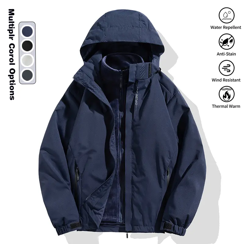 Autumn and winter three in one outdoor jacket, fashionable and casual jacket for men with fleece and color blocking, detachable cap, waterproof, windproof and breathable jacket