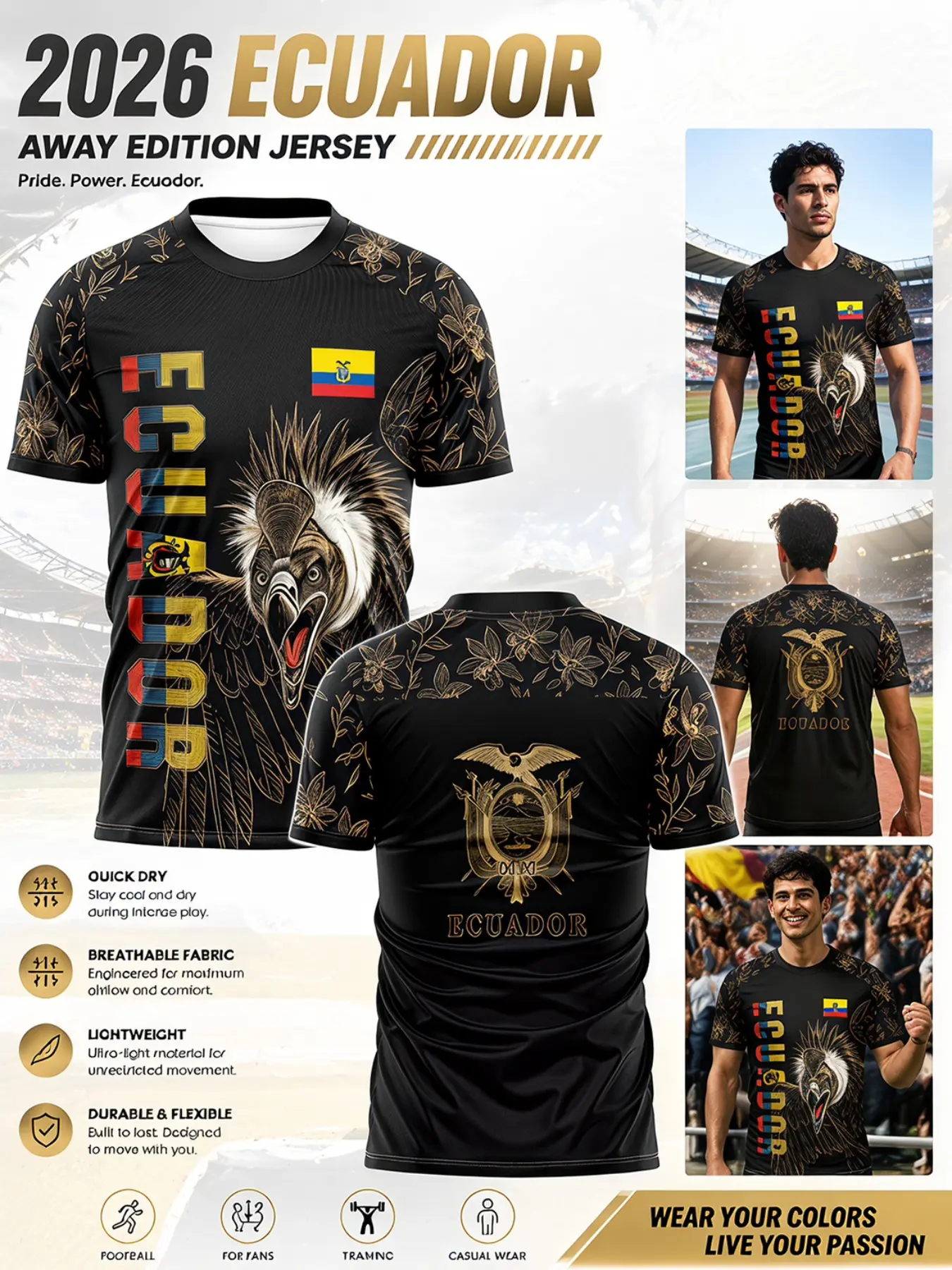 Ecuador Gold Orchid Football Jersey, Lightweight Flexible Sport Top, Quick-Dry Breathable Durable Short Sleeve, All Seasons