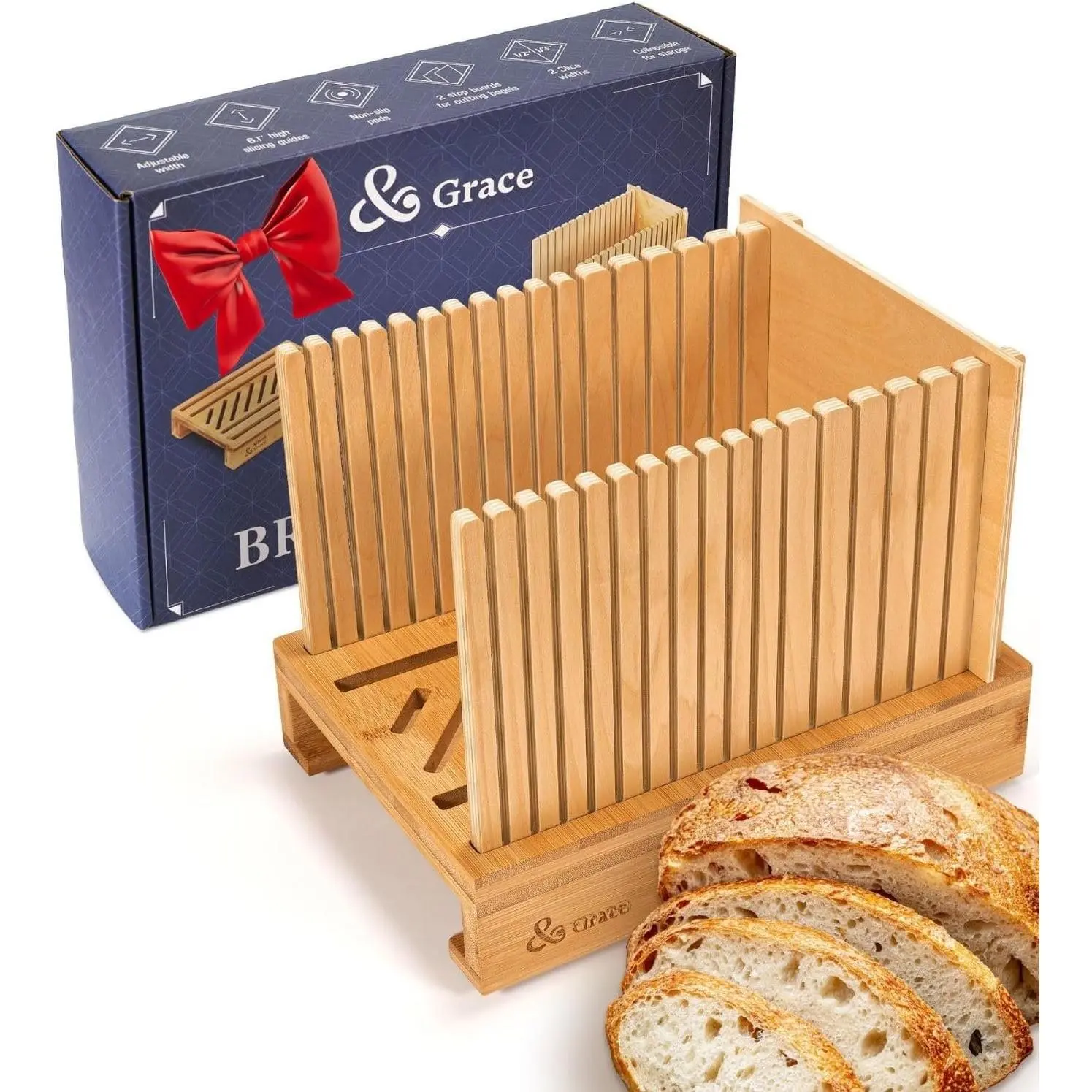 Albert & Grace Adjustable  Bread Slicer with Folding Guides | 6.1” High Guides, 3 Width Settings & 2 Slice Thicknesses – Folds Flat –  for Sourdough, Homemade Loaves & Bagels