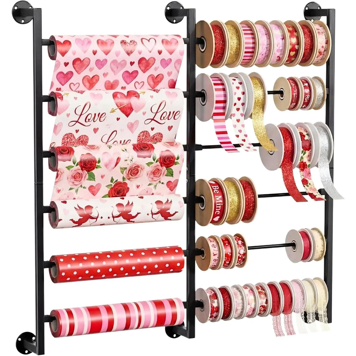 Double 6-Tier Ribbon Storage Organizer, Wall Mounted Ribbon Organizer | 12 Removable Rods, Large Capacity  Bag Ribbon Holder for Craft Room, Flower Shop, DIY Supplies, Wrapping Paper- Metal
