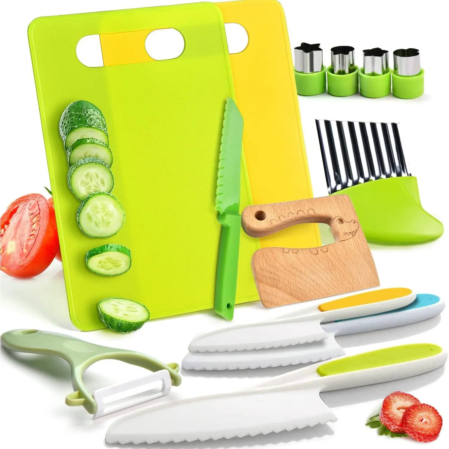Unisex 13-Piece Pretend Play Kitchen Toys Set for Toddlers, Kids Cooking Kit with Safe Blades, Plastic Children’s Safe Knives, Crinkle Cutter, Kids Cutting Board, 13 Pieces, No Warning Applicable