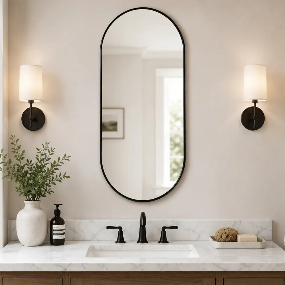 Black PVC Framed Wall Mirror 16 x 36 Inch, Modern Rectangle Vanity Mirror for Bathroom, Bedroom, Living Room, Entryway, Hallway, Hanging Decorative Accent Mirror, Vertical or Horizontal Wall Mounted, Lightweight Durable Frame