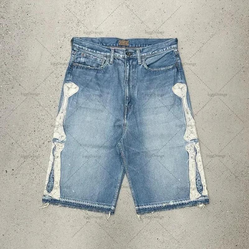 Summer retro skeleton denim shorts sports casual shorts new couple wearing street street 55 pants 2026 Europe and America(Sheets)