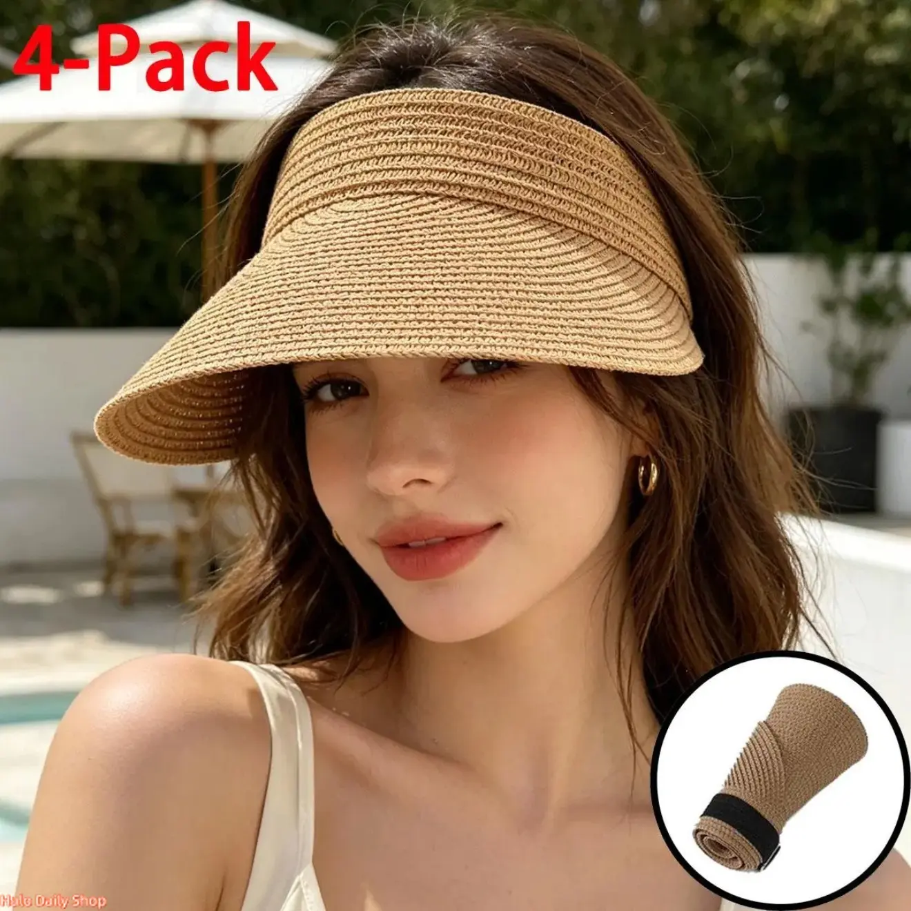 4-Pack Fashion Straw Sun Visors for Women Wide Brim Hats Roll-Up Foldable Summer Beach Visor Hat Outdoor Sun Hat Protective Cover summerwins summerwins