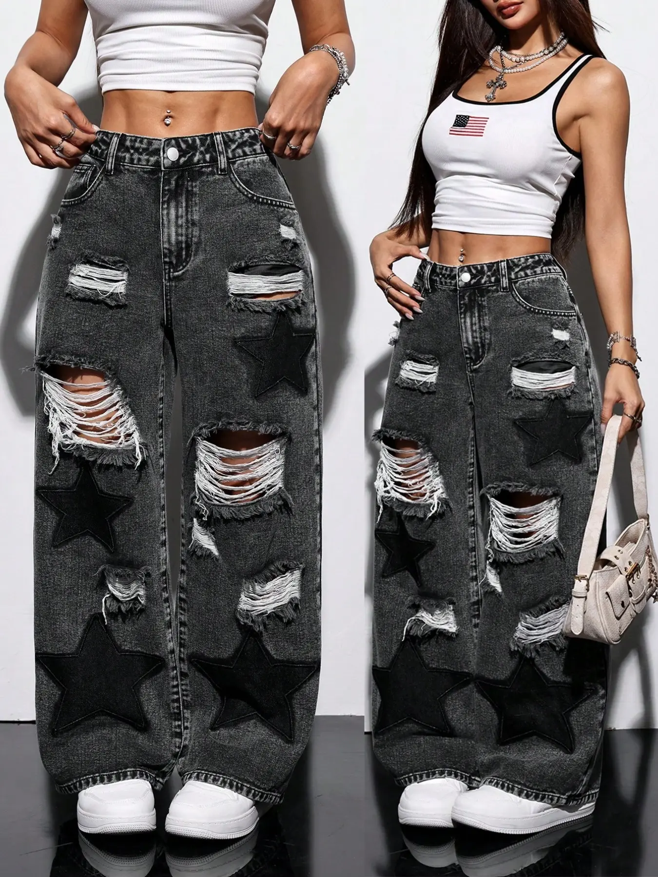 Y2K Women's Acid Wash Ripped Wide Leg Loose Denim Jeans, Star Patch, Vintage Style, Y2K Streetwear