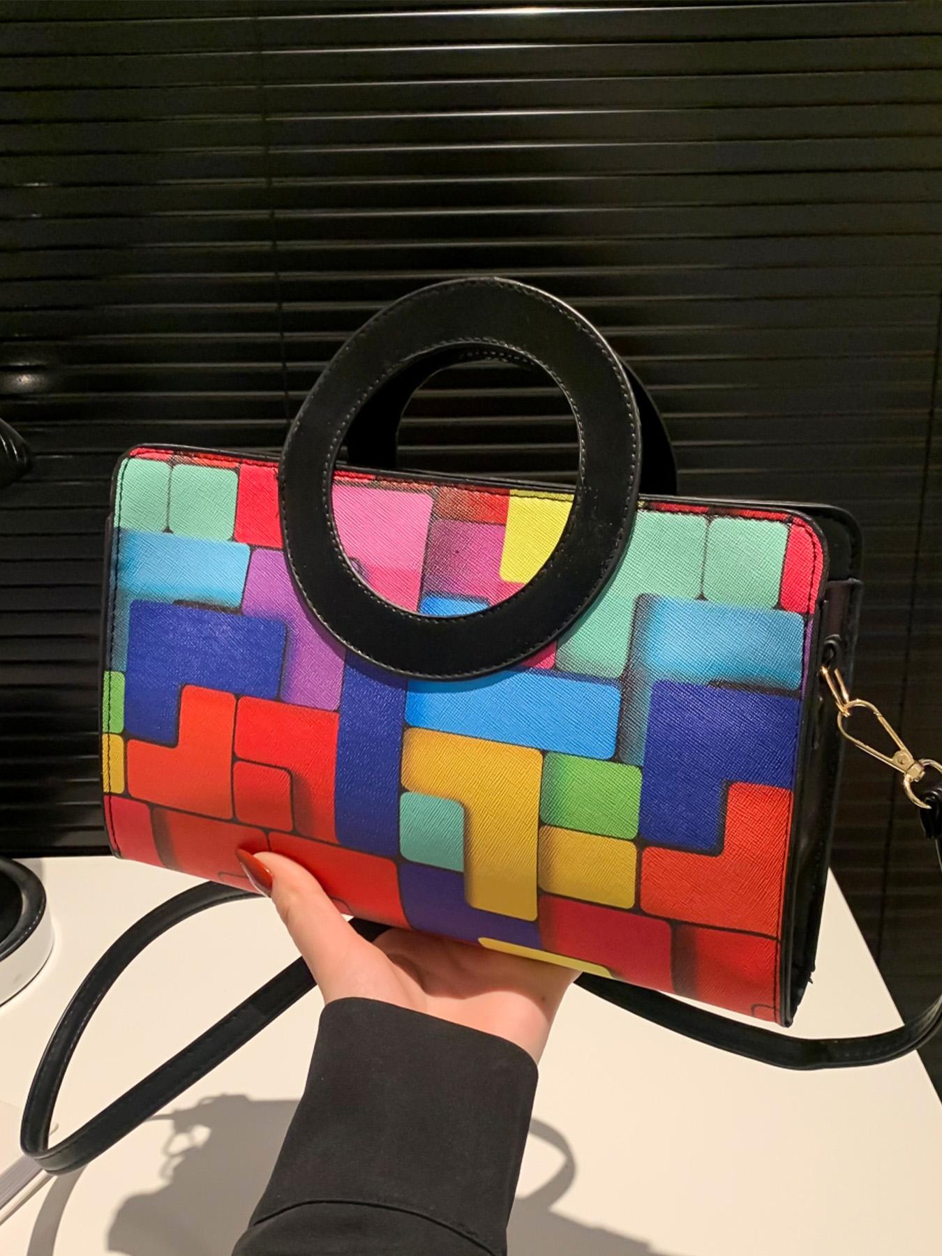Valentine's Day Ladies' Handbags, Fashionable Retro Color-Blocked Design, Ideal for Commuting, Shopping, Dating & Parties, Colorblock Patchwork Handbag, Geometric Pattern Bag