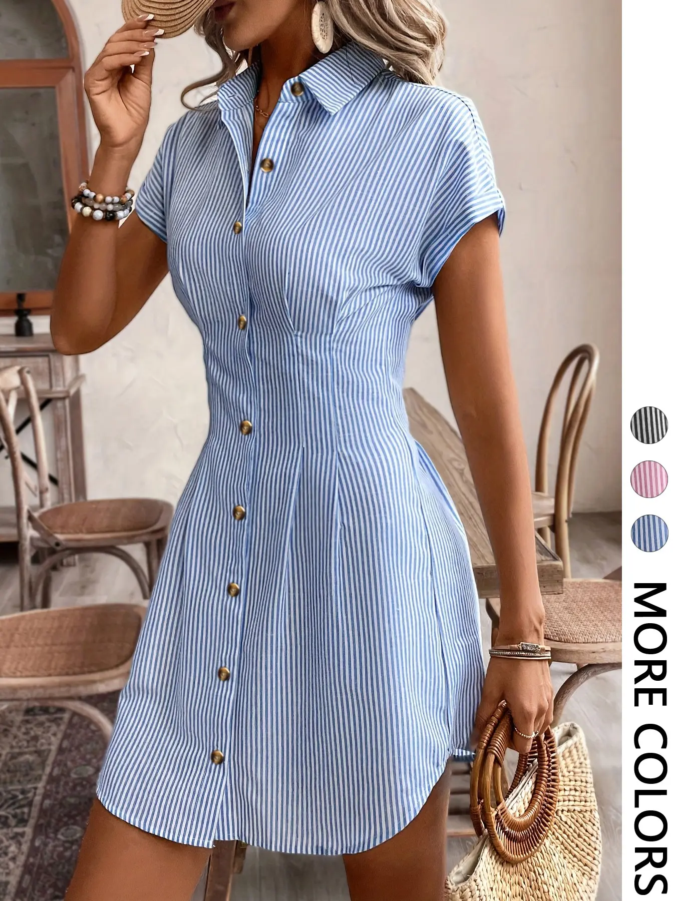 Women's Collared Short Sleeve Vertical Striped Dress, Single Breasted Button with Waist Pleats, Slim Casual Short Dress for Vacation