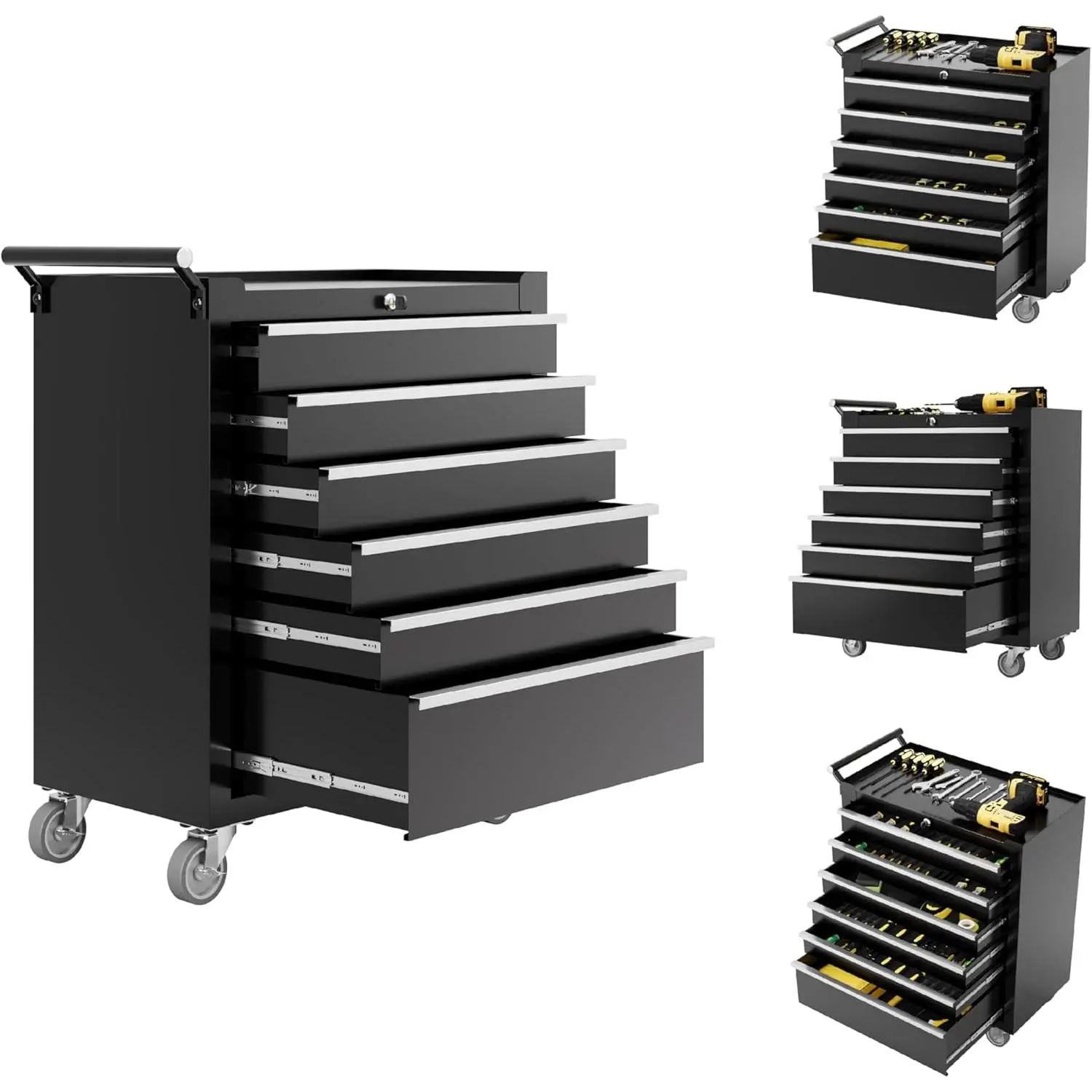 Rolling Tool Box with Wheels, 6 Drawer Heavy Duty Lockable Steel Tool Chest Cabinet with Central Lock, Drawer Liners & 360° Swivel Casters, Easy Assembly Mobile Tool Storage Organizer for Garage, Workshop, Mechanic Shop & Warehouse