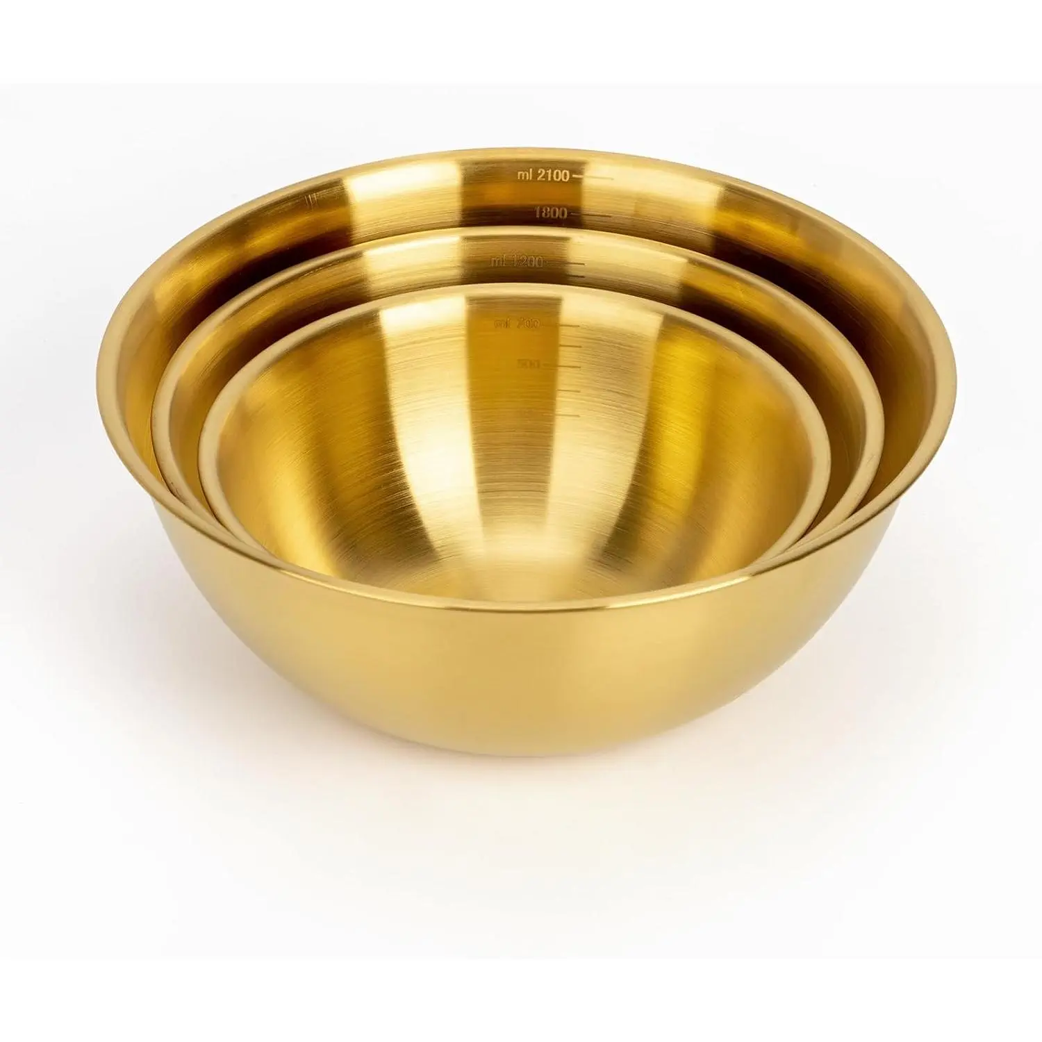 3-Set Golden Stainless Steel Kitchenware Mixing Bowls (8.26in+7.1in+6.3in), Metal Tableware with Measurement Marks, Dishwasher Safe, Stackable - Ideal for Baking, Meal Prep, 6.3 Inch, Metal Bowl