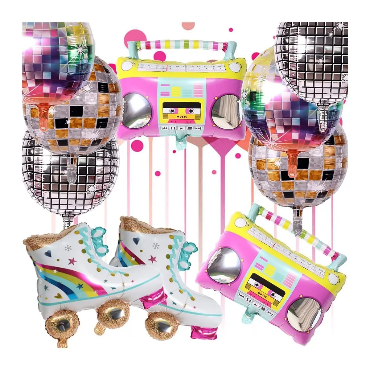 Colorful Radio Rainbow Roller Skate Foil Balloons, 22in Round 4D Laser Disco Balloons, 10-Pack for 80s-90s Retro Theme Party Decoration