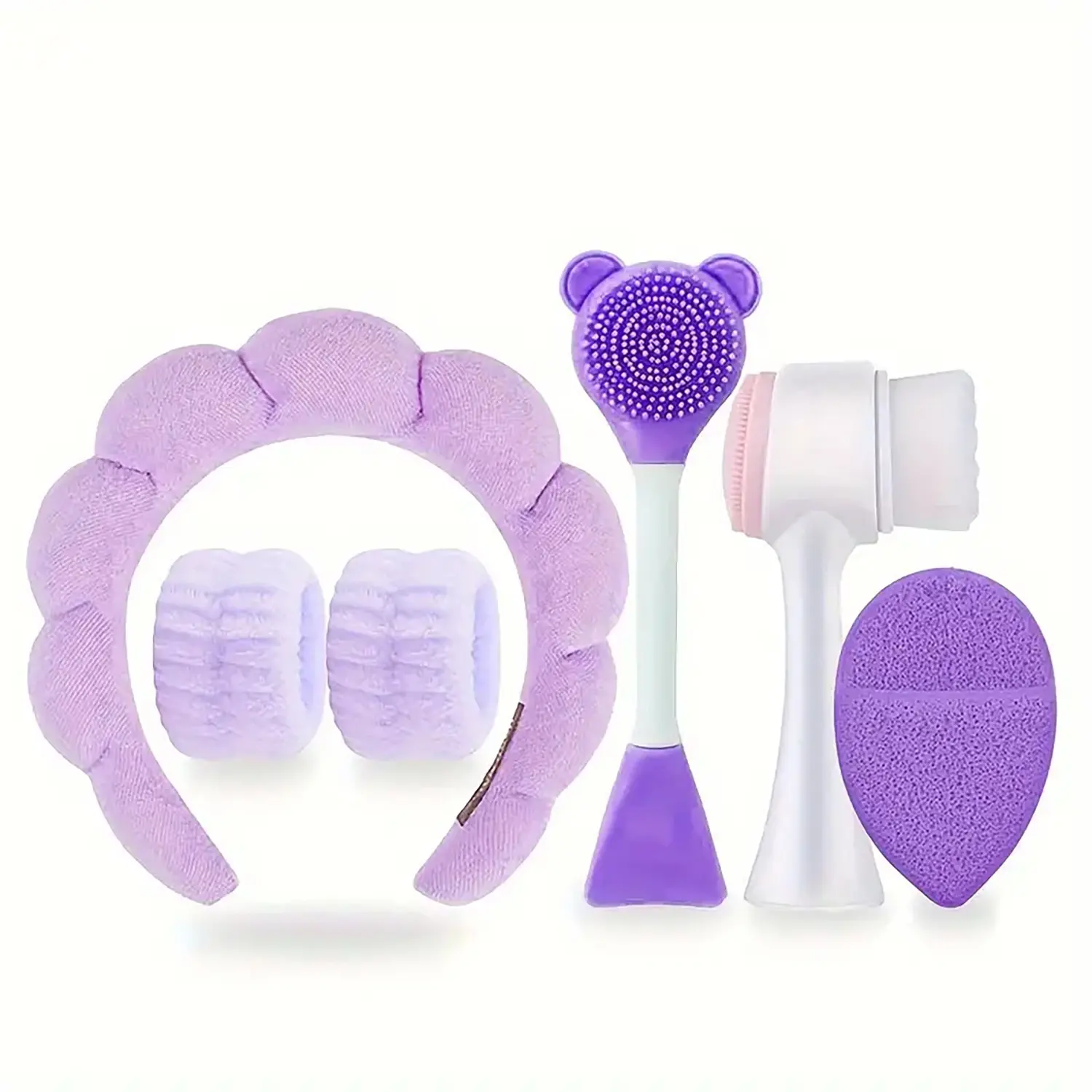 6-Piece Facial Care Set, Deep Cleansing Spa Mask Brush Kit, Portable Skincare Set with Soft Flannel Headband and Silicone Exfoliating Brush