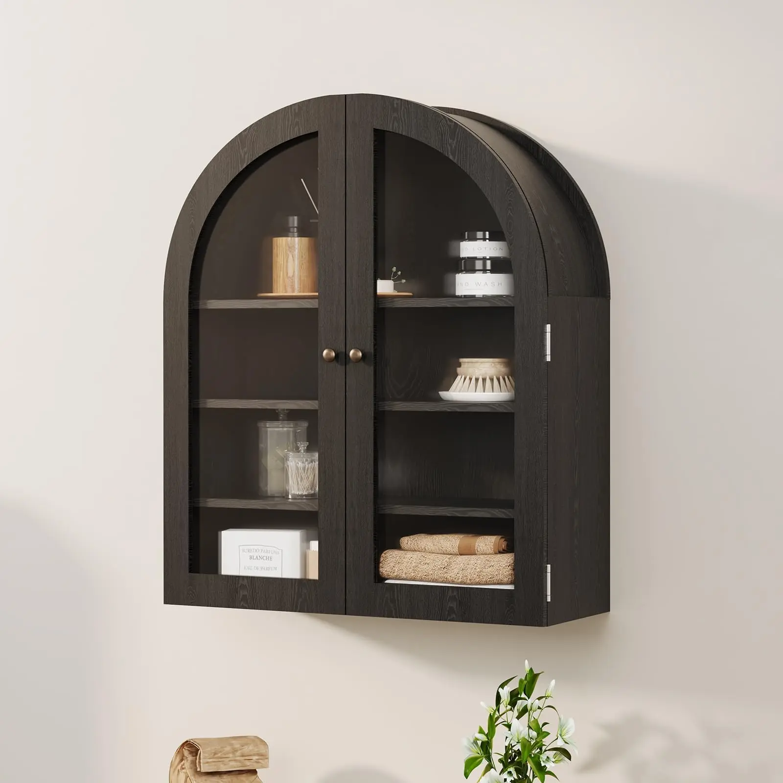 Small Arched Wall-Mounted Medicine Cabinet with Glass Doors – Adjustable Shelves – Modern Black Wood Storage – Ideal Bathroom, Kitchen, Laundry Room Organizer