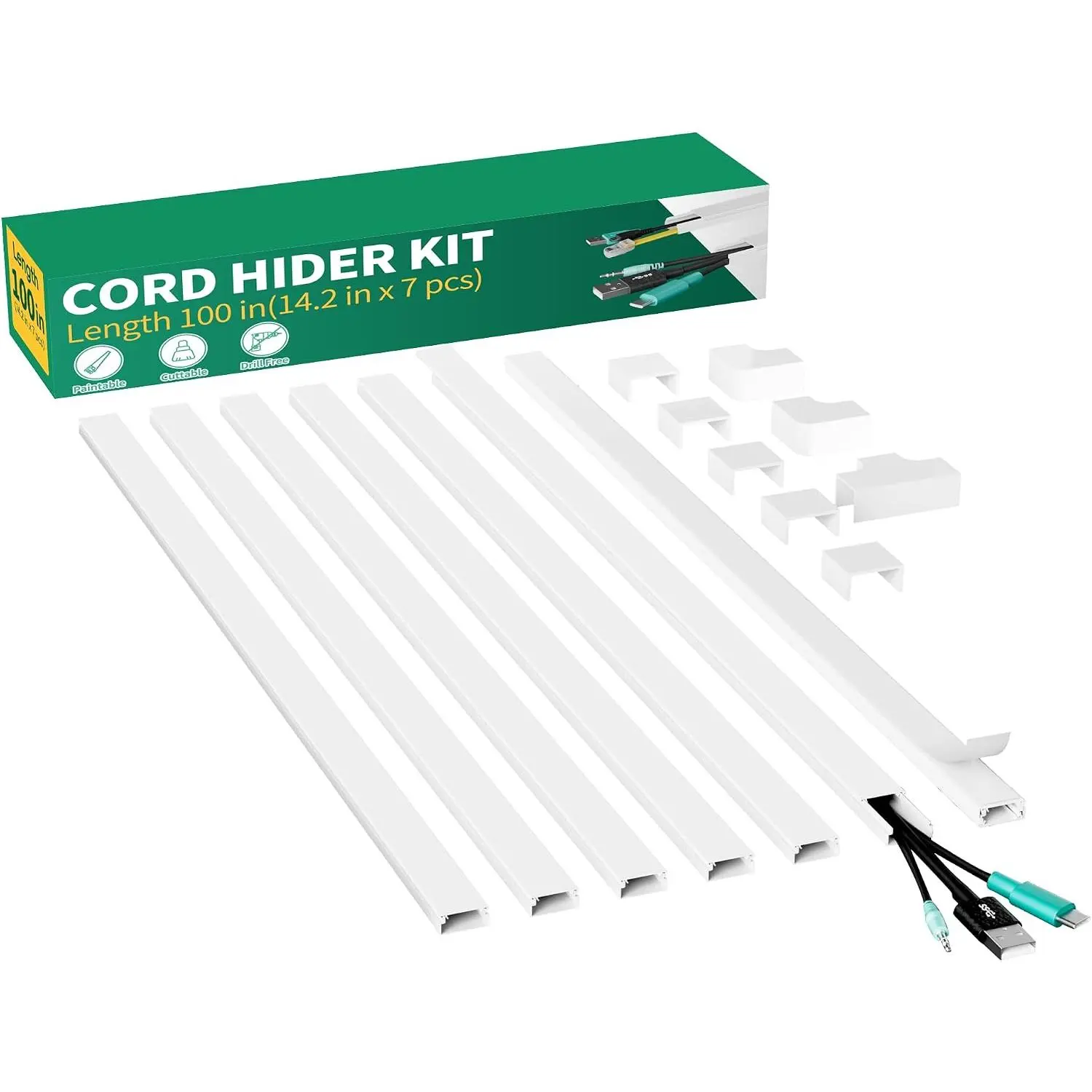 Cord Hider, 100in Self-Adhesive Cord Cover Kit for Wall Mounted TV, Paintable Wire Hider, Flexible  Management System,  Raceway Conceals 2-3 Wires, W0.95 H0.55in, White