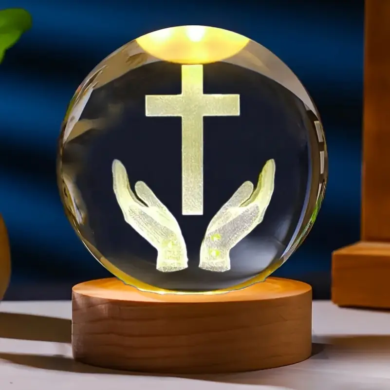 1pc 3D Laser Engraved Cross Crystal Ball Night Light, LED Glass Fantasy Theme with Wooden Base, Polished Low Voltage USB Powered Freestanding Indoor Lamp, Bedroom Tabletop Decor, Perfect Religious Gift for Mothers - No Battery Adjustable Lighting, 1Pc Cry