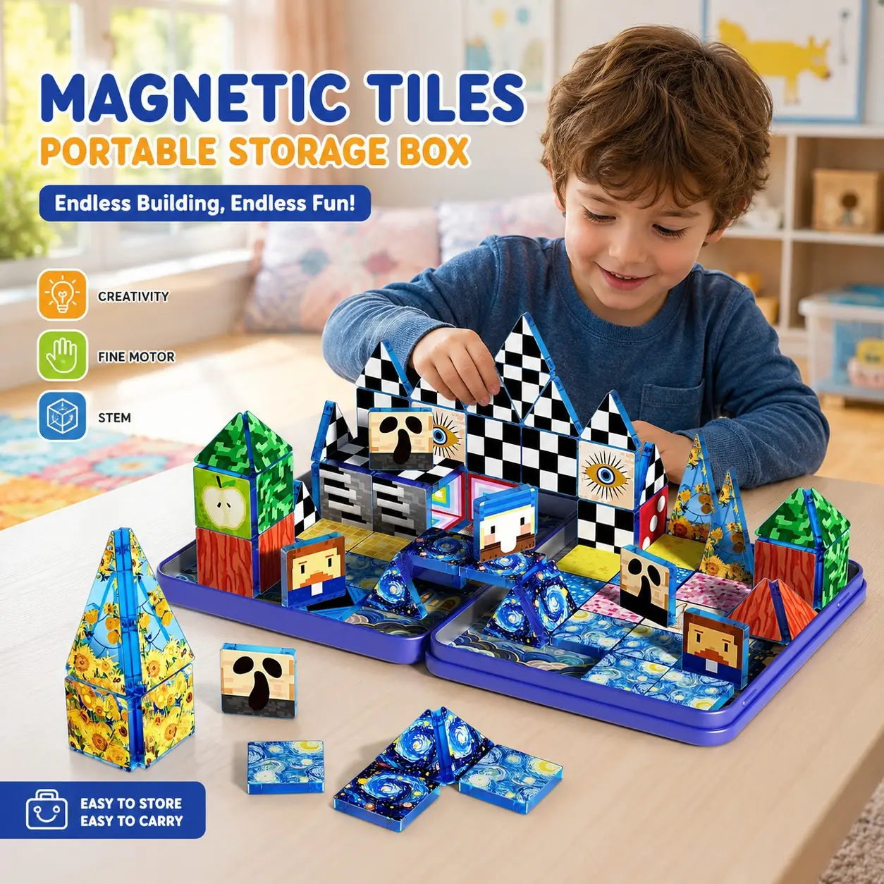 Portable Storage Box Magnetic Tiles Kids Educational Building Toy, DIY Castle House Set, Stem Early Learning, Unisex Indoor Game, Gift