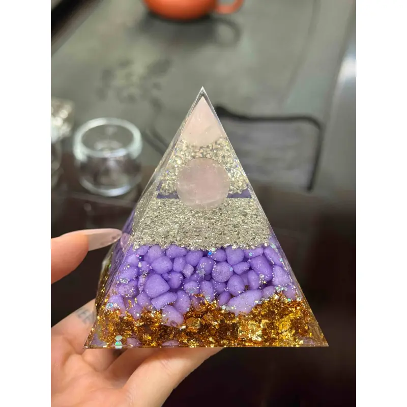 Amethyst Crystal Energy Tower Pyramid, 8x8x9cm Spiritual Meditation Decor with Crystal Ball, Gold Foil & Chakra Healing Style Ornament