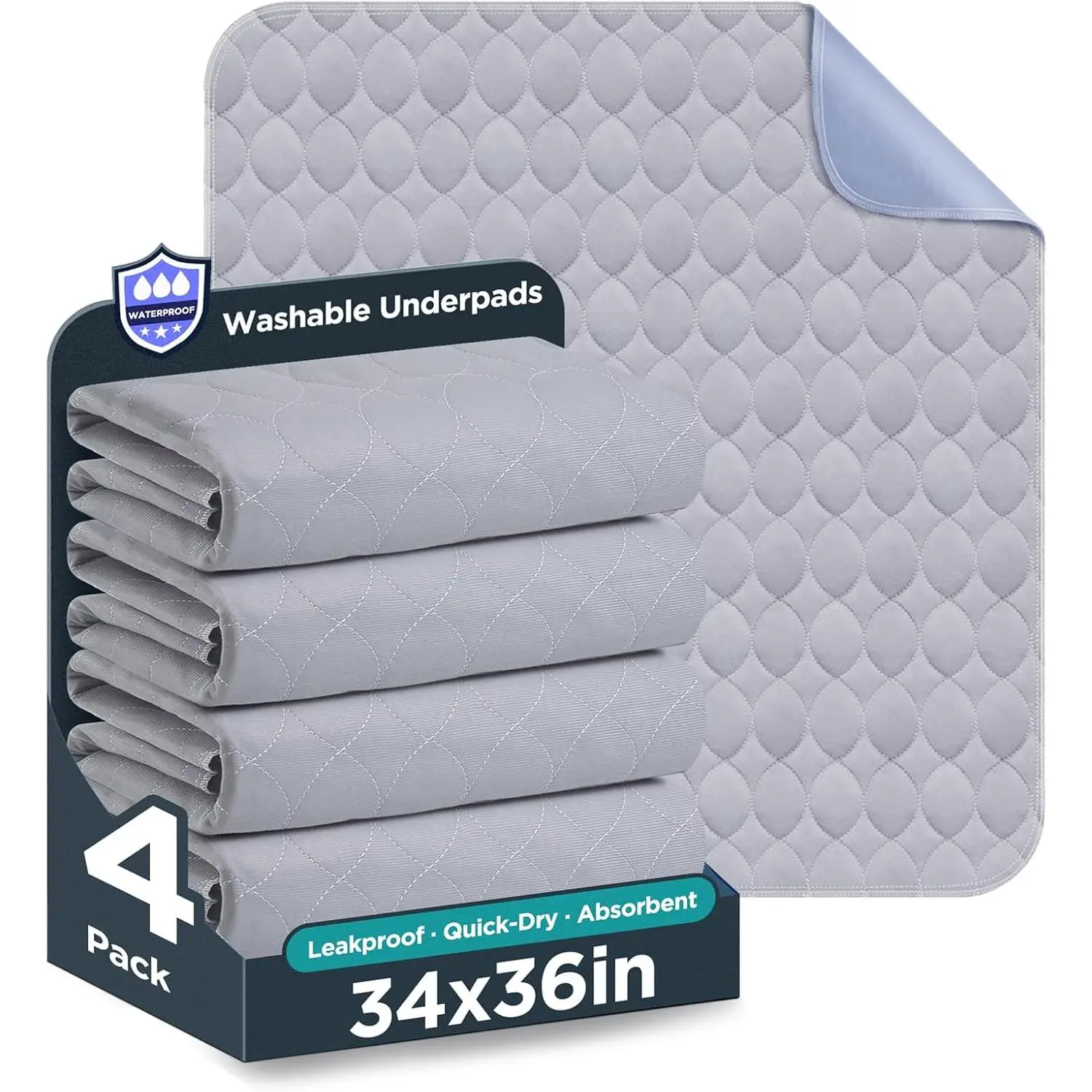 Washable Bed Pads 34" x 36" - 4 Pack, Grey, Waterproof Bed Pads for Incontinence, Bed Wetting Pads for Bed, Sofa, Floor, Resuable Underpads for Adults, Seniors, PetGift.