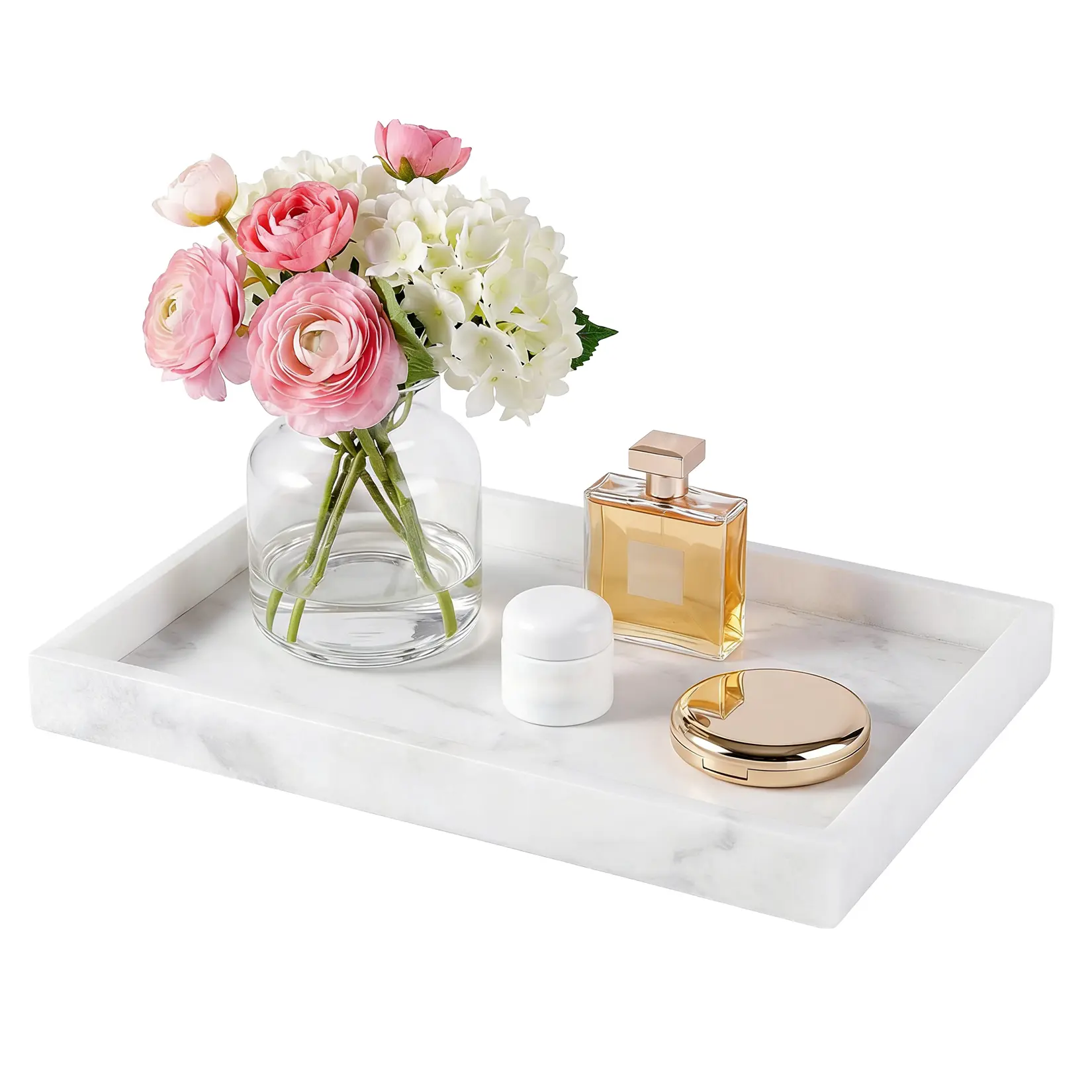Elegant Natural White Marble Vanity Tray – 12x8 Inch Decorative Storage Organizer for Bathroom, Kitchen Counter, or Dresser – Modern Jewelry & Perfume Holder, Non-Ceramic Solution