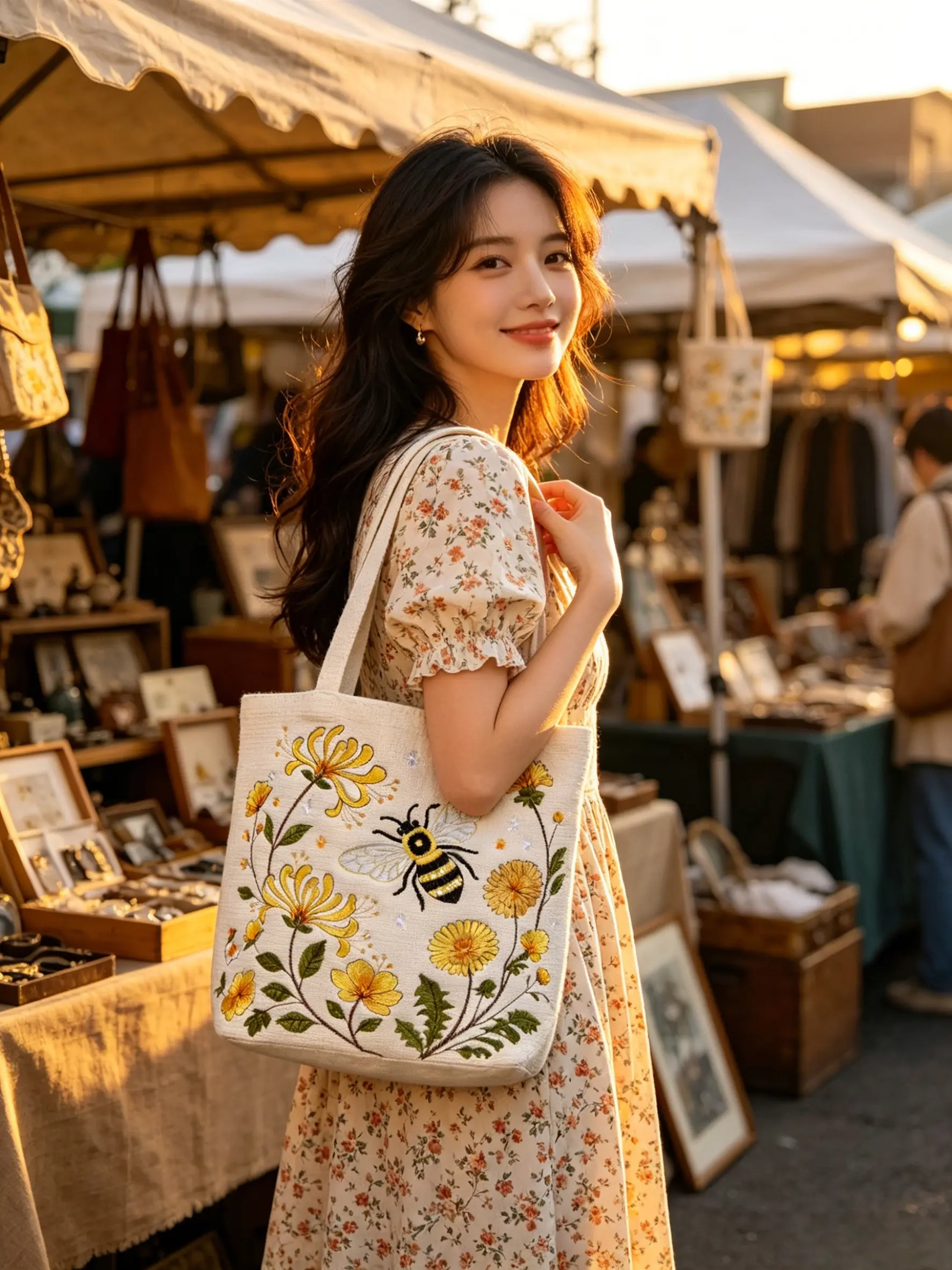 Vintage Hummingbird Floral Embroidered Canvas Tote Bag, Large Capacity Shoulder Handbag, Aesthetic Nature Flower Bird Purse for Travel Shopping Picnic