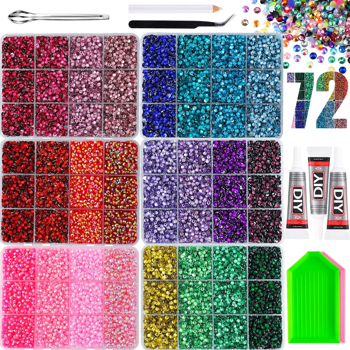 1Set Sparkling Silver Flatback Semi-circular Nail Rhinestone Bedazzling Kit 3/4/5mm Flat Back Rhinestones -New Creative 72 Colors Resin Nails Gems Diamond Art DIY Nails Tumblers Hairs Accessories