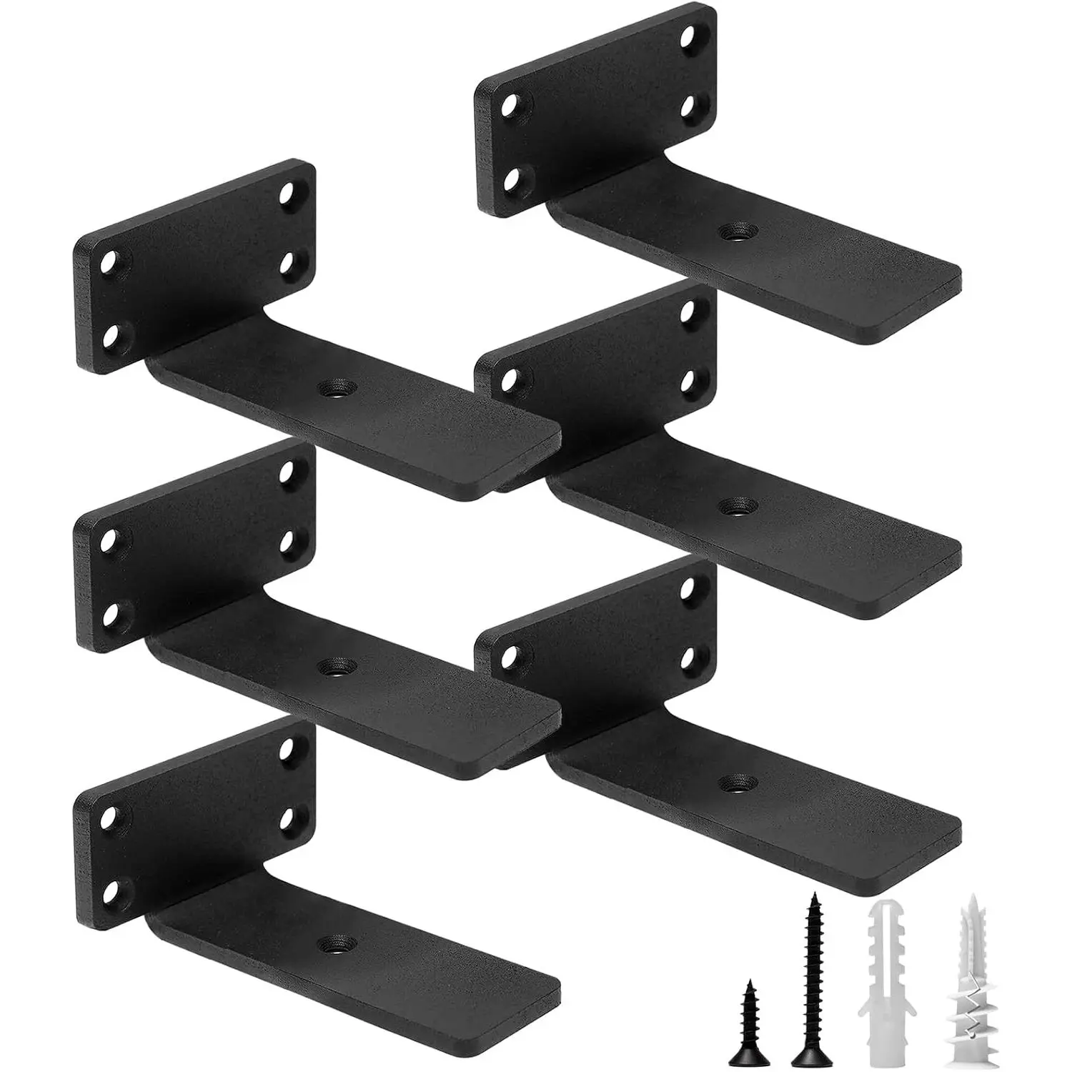 Heavy Duty Floating Shelf Brackets, 4-Inch (1/5'' Thick) Hidden Shelves Hardware, Iron L Brackets, Rustic Industrial Black Metal Wall Shelving Supports, 6 Pack