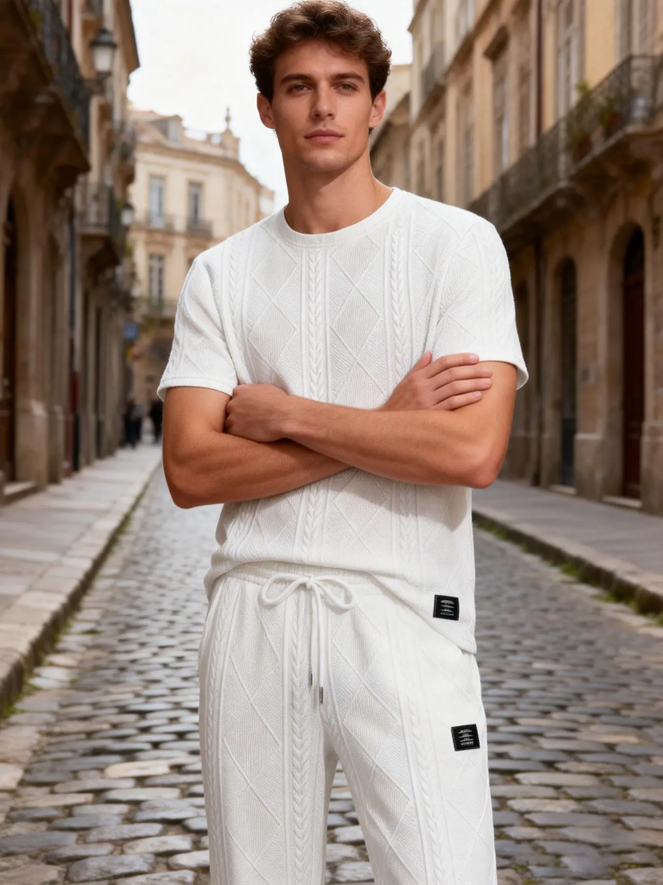 Men Solid White Cable Diamond Textured Loungewear 2-Piece Set, Crew Neck Short Sleeve Tee & Drawstring Straight Long Pants, Soft Skin-Friendly Home Outfit for Napping, Gaming, WFH & Lazy Indoor Rest