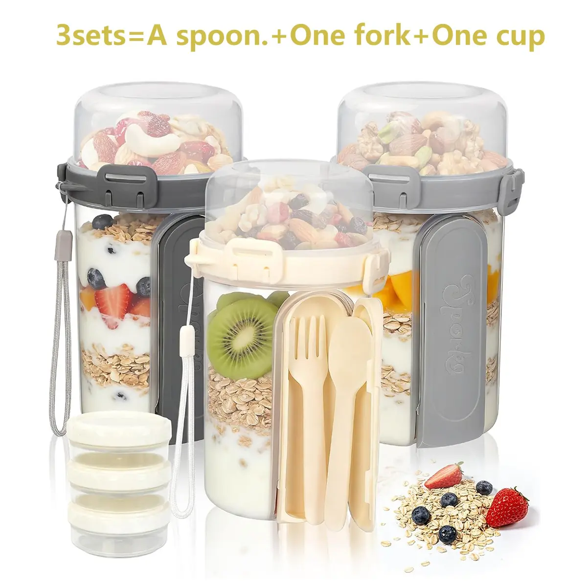 3 Sets Overnight Oatmeal Jars with Lid, Spoon, Fork, Portable Dual-Layer Yogurt Cup, Dry-Wet Separation, Convenient Food Storage Breakfast Container, Kitchen Plastic Containers