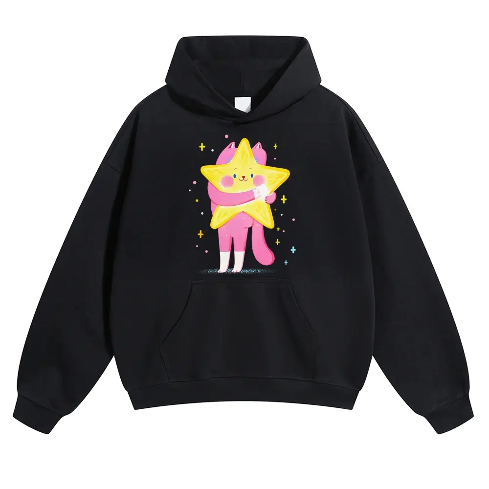 Unisex Pink cat-human figure holding stars under a warm night sky Graphic hoodie Personalized Pattern Y2k Clothing Round Neck hoodie,Women's Clothing, Menswear, Top, Vintage Style,Summer Casual Oversized