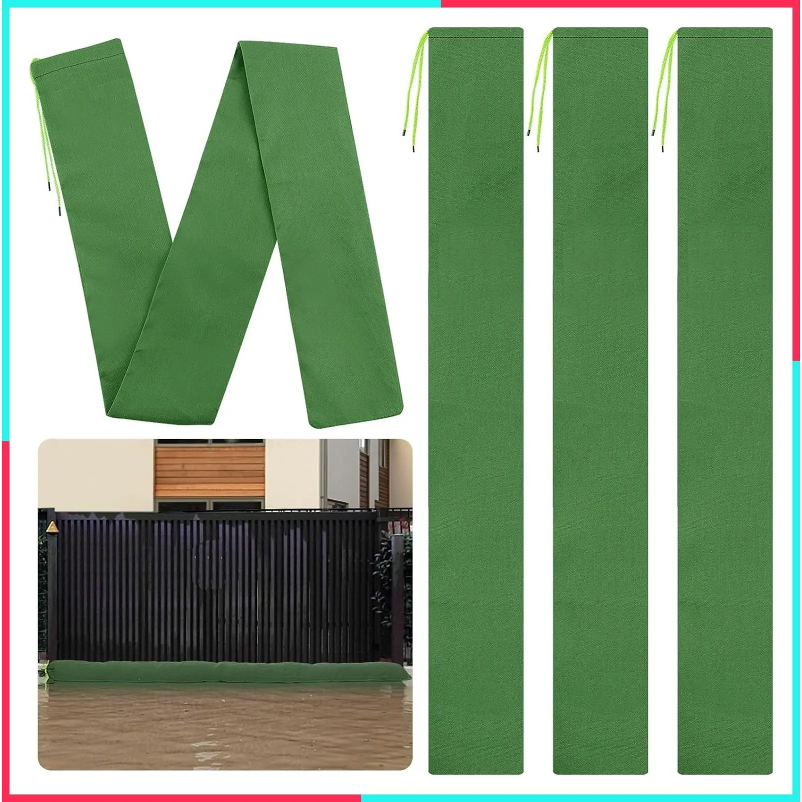 4pcs 10ft Long Thickened Canvas Sandbags with Elastic Band, Reusable Flood Water Barriers for Home Doors Garage Basement Window, 6in Wide