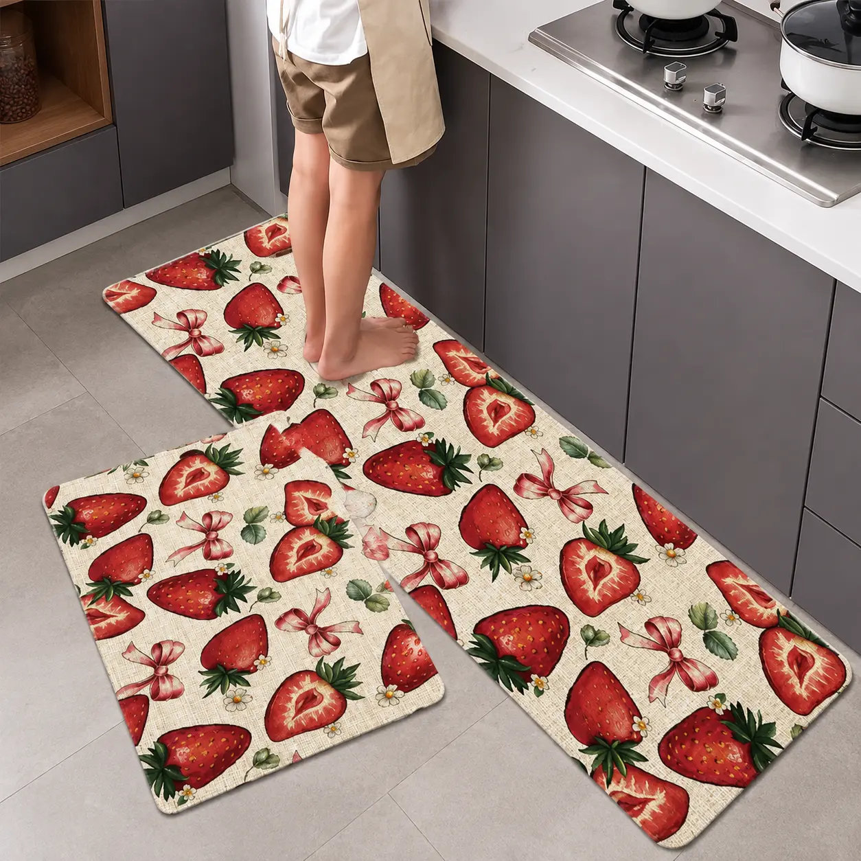 2Pcs Spring Strawberry Watercolor Painting Floor mat set including farmhouse kitchen Rug dining room flooring laundry room decorative carpet mat Kitchen Area Rug Household Decorative Rug Cozy Floor Mat Home Decor Rug Indoor Floor Mat Kitchen Floor Mats