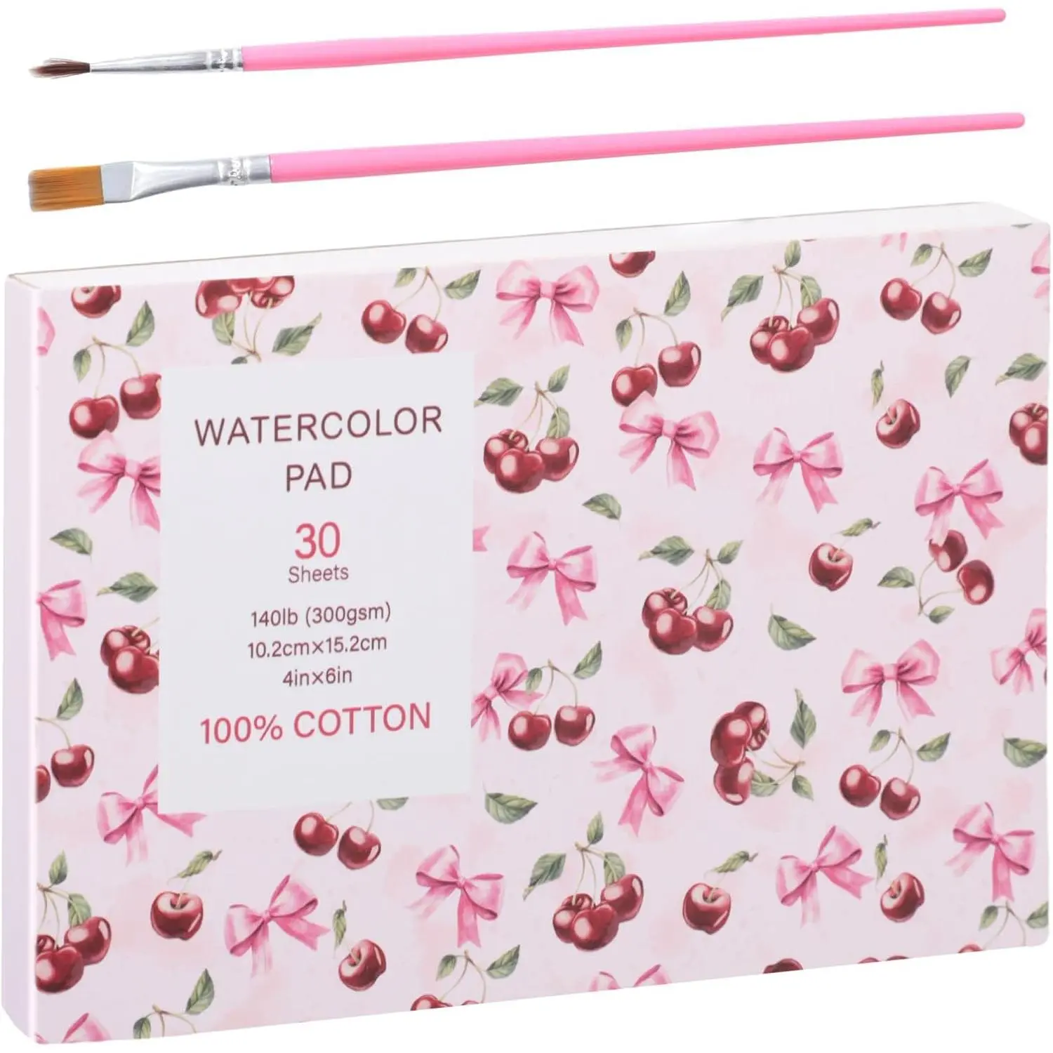 Absorbent Watercolor Paper Pad, 4x6 Inch, 30 Sheets 140 lb (300 GSM) Cold Press, Single-Side Glue Binding Easy-Off, 2 Brushes Included for Watercolor & Drawing Media