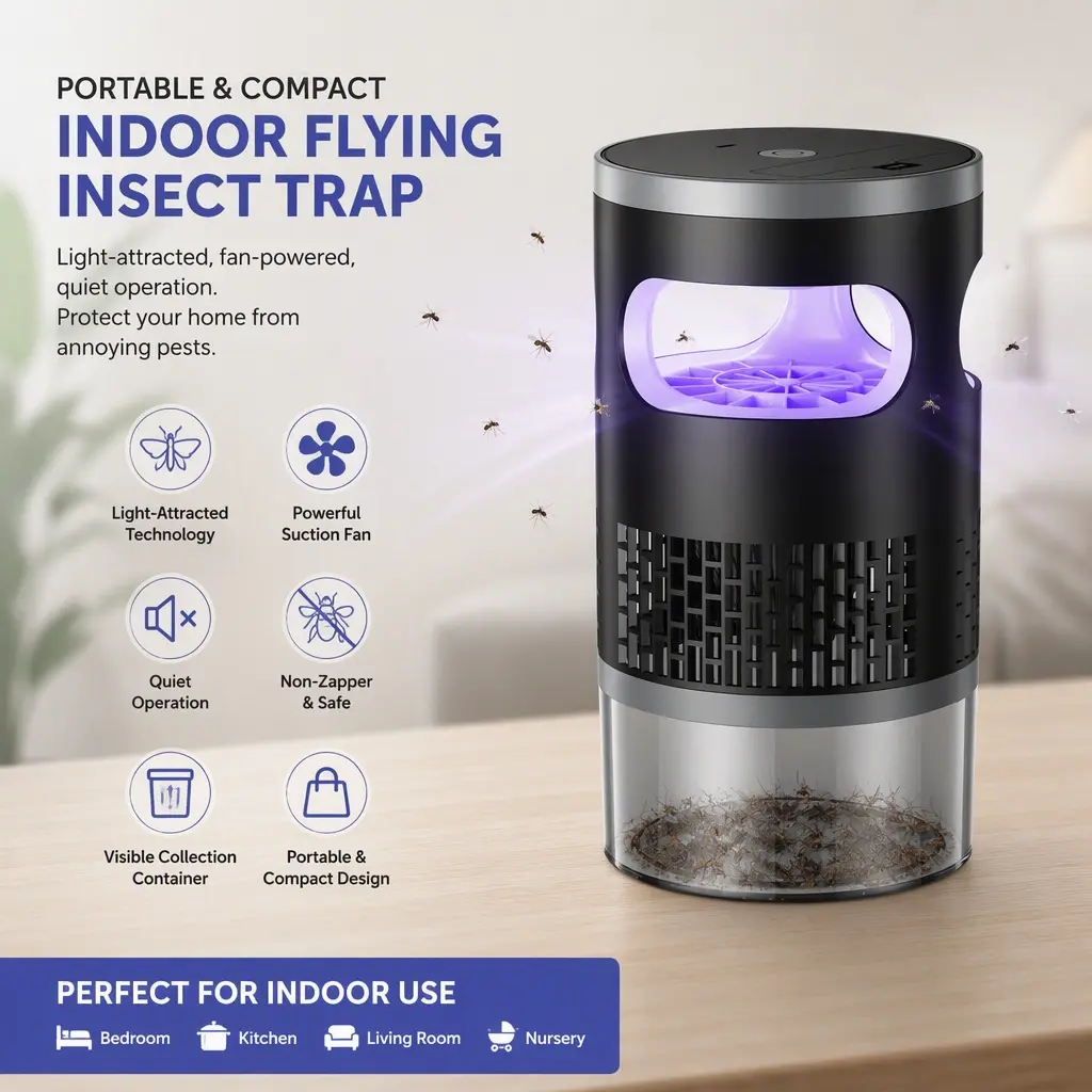 Portable Compact Indoor Flying Insect Trap, Quiet Non‑Zapper Light‑Attracted Bug Catcher for Mosquitoes, Fruit Flies, Gnats & Moths