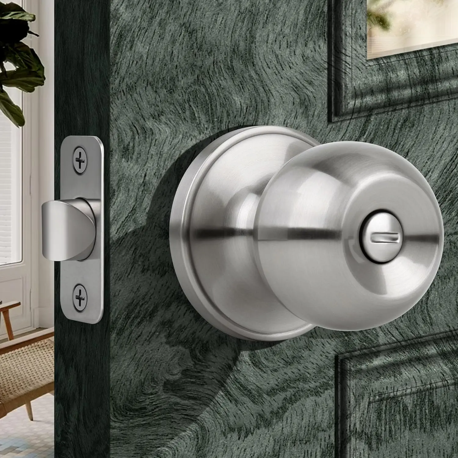 Door Knob with Lock, Keyless Interior Round Ball Door Knob for Bathroom or Closet, Satin Nickel