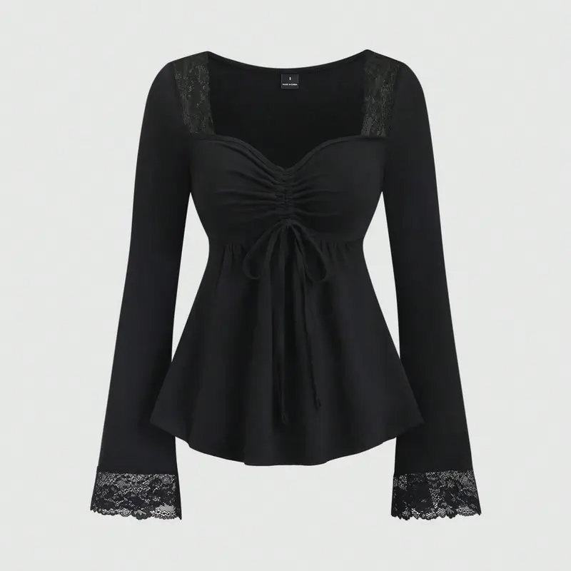 Women's Sexy Patchwork Long Sleeve T-Shirt, Fashion Casual Everyday Top, Perfect for Commute and Fall, Slim-Fitting Solid Design