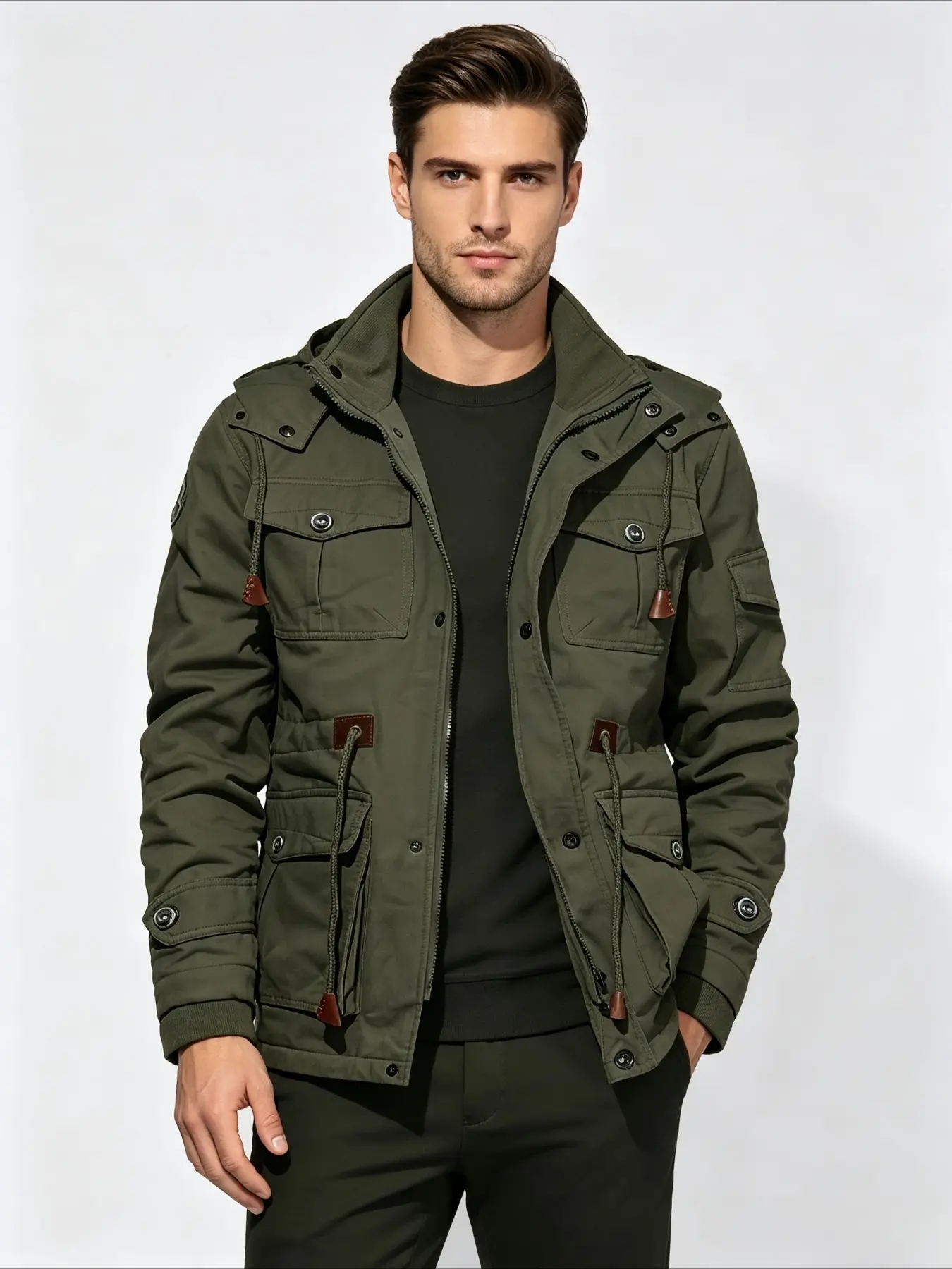Men Hooded Cargo Jacket, Vintage Washed Coat, Multi Button Pockets Winter Utility Outerwear for Business Commute Outdoor Hiking Daily Streetwear Men Hooded Jacket Warm Winter Outerwear