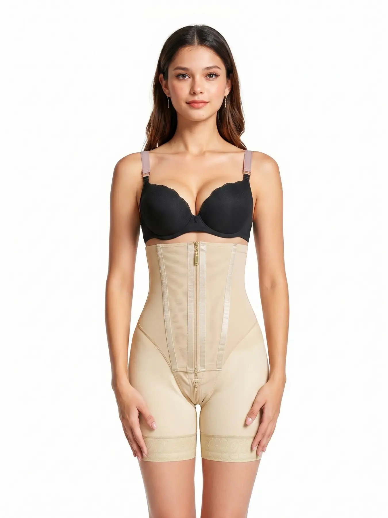 Skin Tone Seamless Shapewear, Front Zipper Waist Cincher, Lace Trim Comfortable Invisible, Postpartum Recovery, Gift Box Packaging