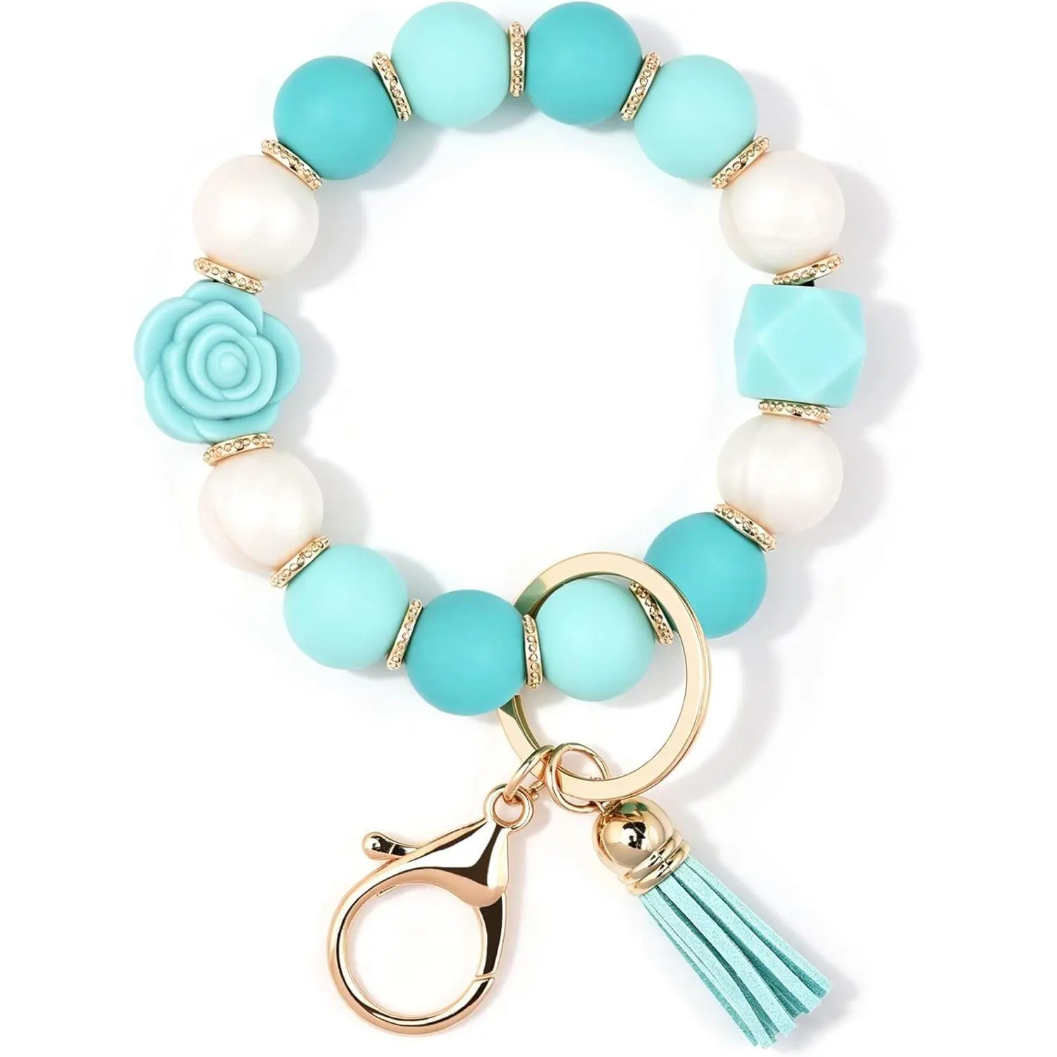 BAOSIWA Keychain Wristlet Cute Car Key Chain Holder Rose Flower Key Ring Bracelet Silicone Beaded Keychains for Women Girls