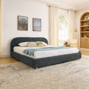 ARCH King Size Upholstered Bed Frame with Storage Drawers, Modern Minimalist Tall Curved Headboard, Sturdy Leg Support, Dark Gray MDF Wood, No Box Spring Needed, Easy Assembly, Bedroom Furniture, Dark Gray Color Options, MDF Material