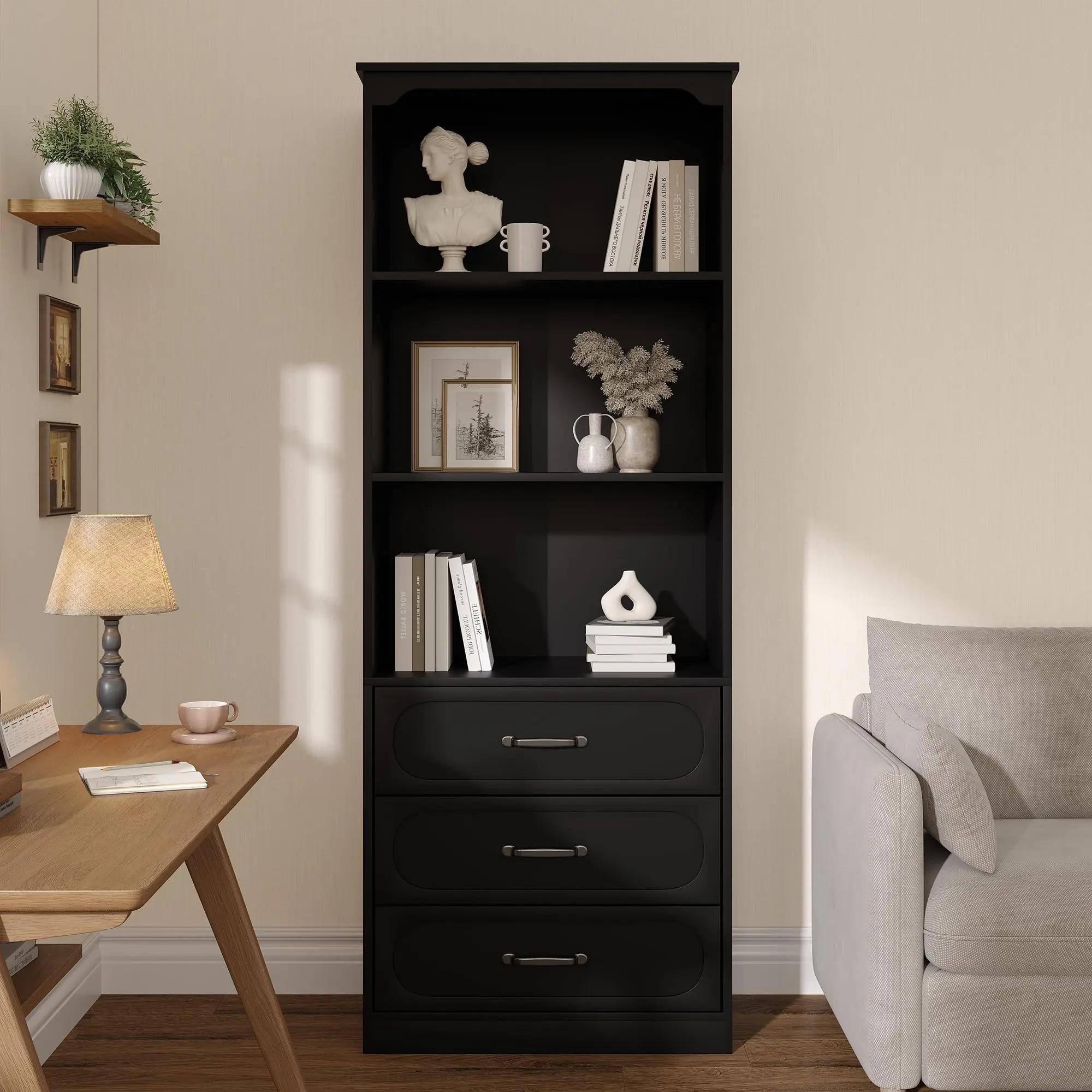 Tall Bookshelf with 3 Drawers and Adjustable Open Shelves - 3-Tier Wooden Bookcase for Home Office, Living Room, or Kitchen Pantry Storage